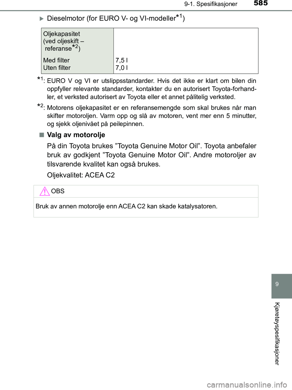 TOYOTA HILUX 2018  Instruksjoner for bruk (in Norwegian) 585
9
9-1. Spesifikasjoner
Kjøretøyspesifikasjoner
HILUX_OM_OM0K375NO_(EE)
Dieselmotor (for EURO V- og VI-modeller*1)
*1: EURO V og VI er utslippsstandarder. Hvis det ikke er klart om bilen dinop