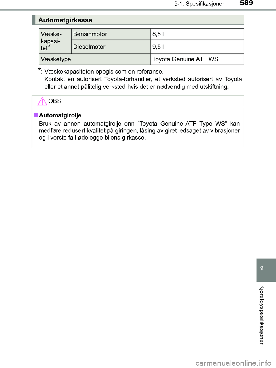 TOYOTA HILUX 2018  Instruksjoner for bruk (in Norwegian) 589
9
9-1. Spesifikasjoner
Kjøretøyspesifikasjoner
HILUX_OM_OM0K375NO_(EE)
*: Væskekapasiteten oppgis som en referanse.Kontakt en autorisert Toyota-forhandler, et verksted autorisert av Toyota
elle
