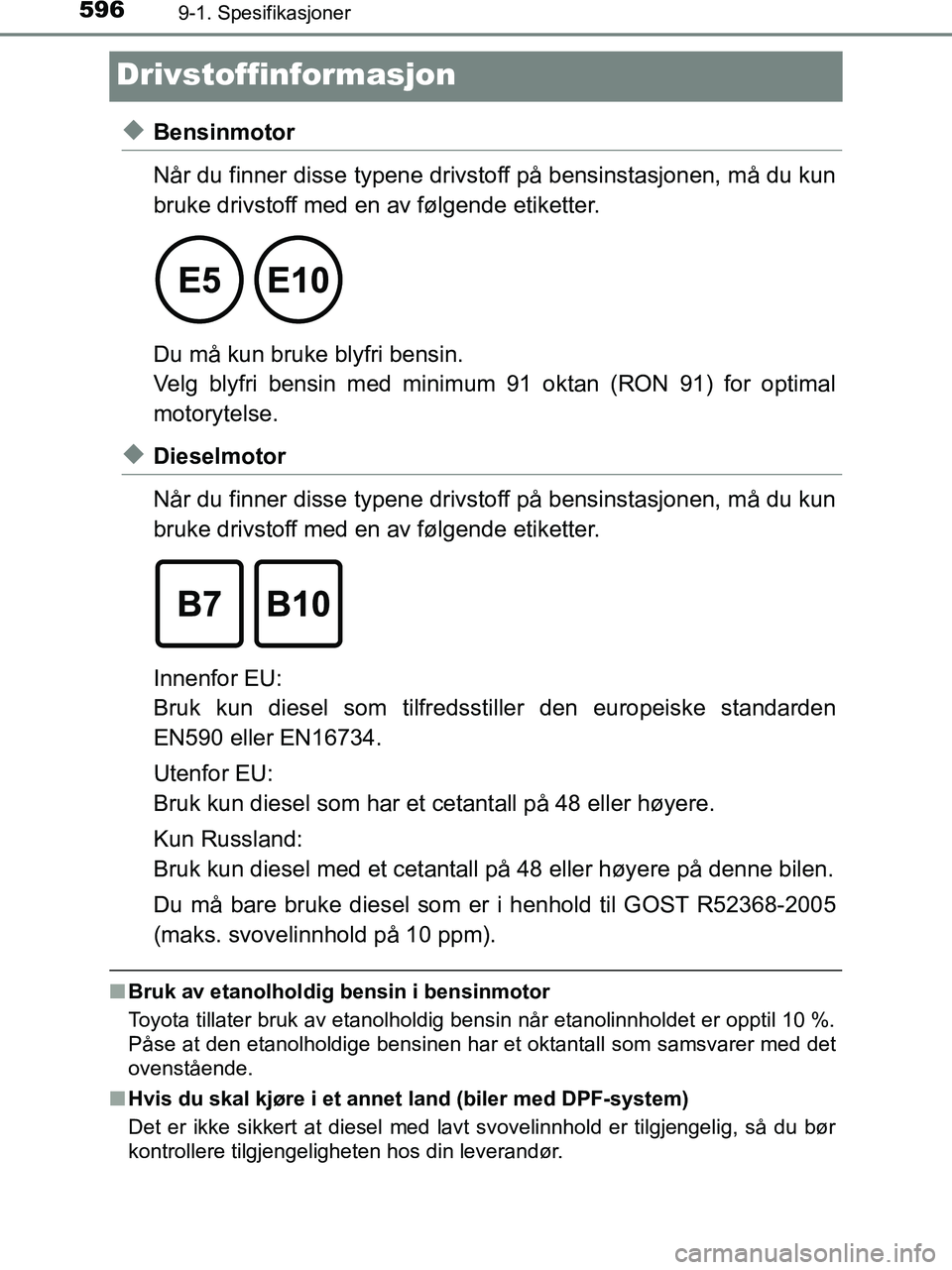 TOYOTA HILUX 2018  Instruksjoner for bruk (in Norwegian) 5969-1. Spesifikasjoner
HILUX_OM_OM0K375NO_(EE)
Drivstoffinformasjon
uBensinmotor
Når du finner disse typene drivstoff på bensinstasjonen, må du kun
bruke drivstoff med en av følgende etiketter. 
