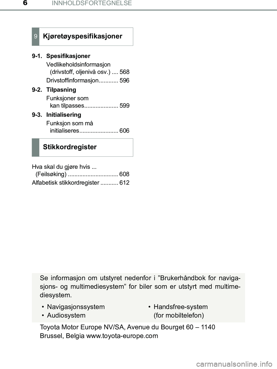TOYOTA HILUX 2018 Instruksjoner for bruk (in Norwegian) INNHOLDSFORTEGNELSE6
HILUX_OM_OM0K375NO_(EE)9-1. Spesifikasjoner
Vedlikeholdsinformasjon (drivstoff, oljenivå osv.) .... 568
Drivstoffinformasjon............ 596
9-2. Tilpasning Funksjoner som kan ti TOYOTA HILUX 2018 Instruksjoner for bruk (in Norwegian) INNHOLDSFORTEGNELSE6
HILUX_OM_OM0K375NO_(EE)9-1. Spesifikasjoner
Vedlikeholdsinformasjon (drivstoff, oljenivå osv.) .... 568
Drivstoffinformasjon............ 596
9-2. Tilpasning Funksjoner som kan ti