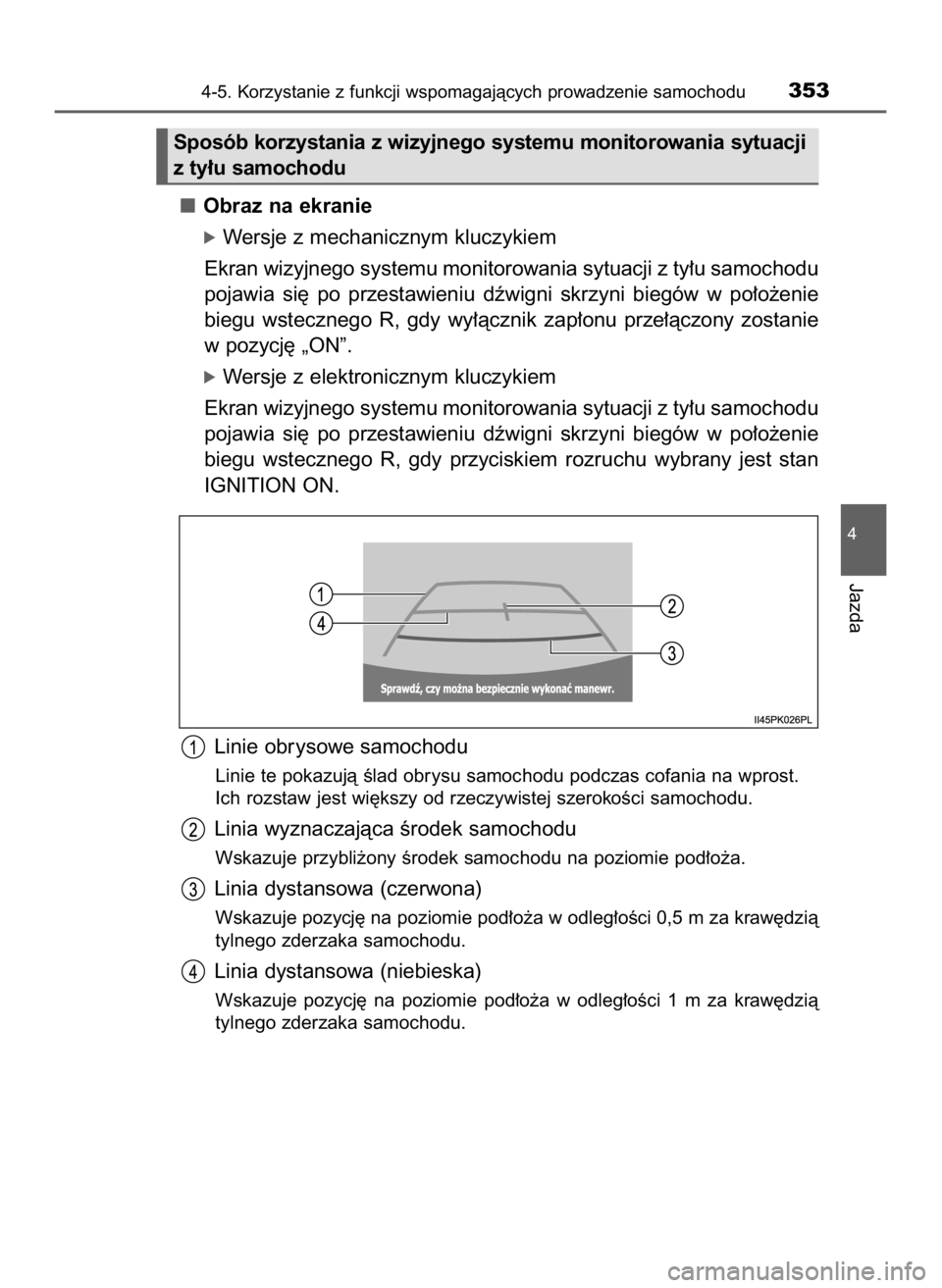 TOYOTA HILUX 2018  Instrukcja obsługi (in Polish) Obraz na ekranie
óWersje z mechanicznym kluczykiem
Ekran wizyjnego systemu monitorowania sytuacji z ty∏u samochodu
pojawia  si´  po  przestawieniu  dêwigni  skrzyni  biegów  w po∏o˝enie
biegu