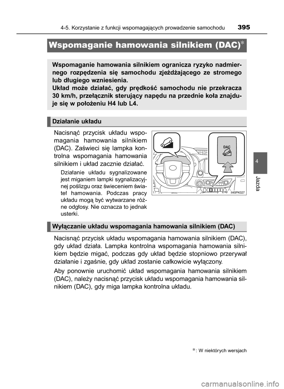 TOYOTA HILUX 2018  Instrukcja obsługi (in Polish) Nacisnàç  przycisk  uk∏adu  wspo-
magania  hamowania  silnikiem
(DAC).  ZaÊwieci  si´  lampka  kon-
trolna  wspomagania  hamowania
silnikiem i uk∏ad zacznie dzia∏aç.
Dzia∏anie  uk∏adu  