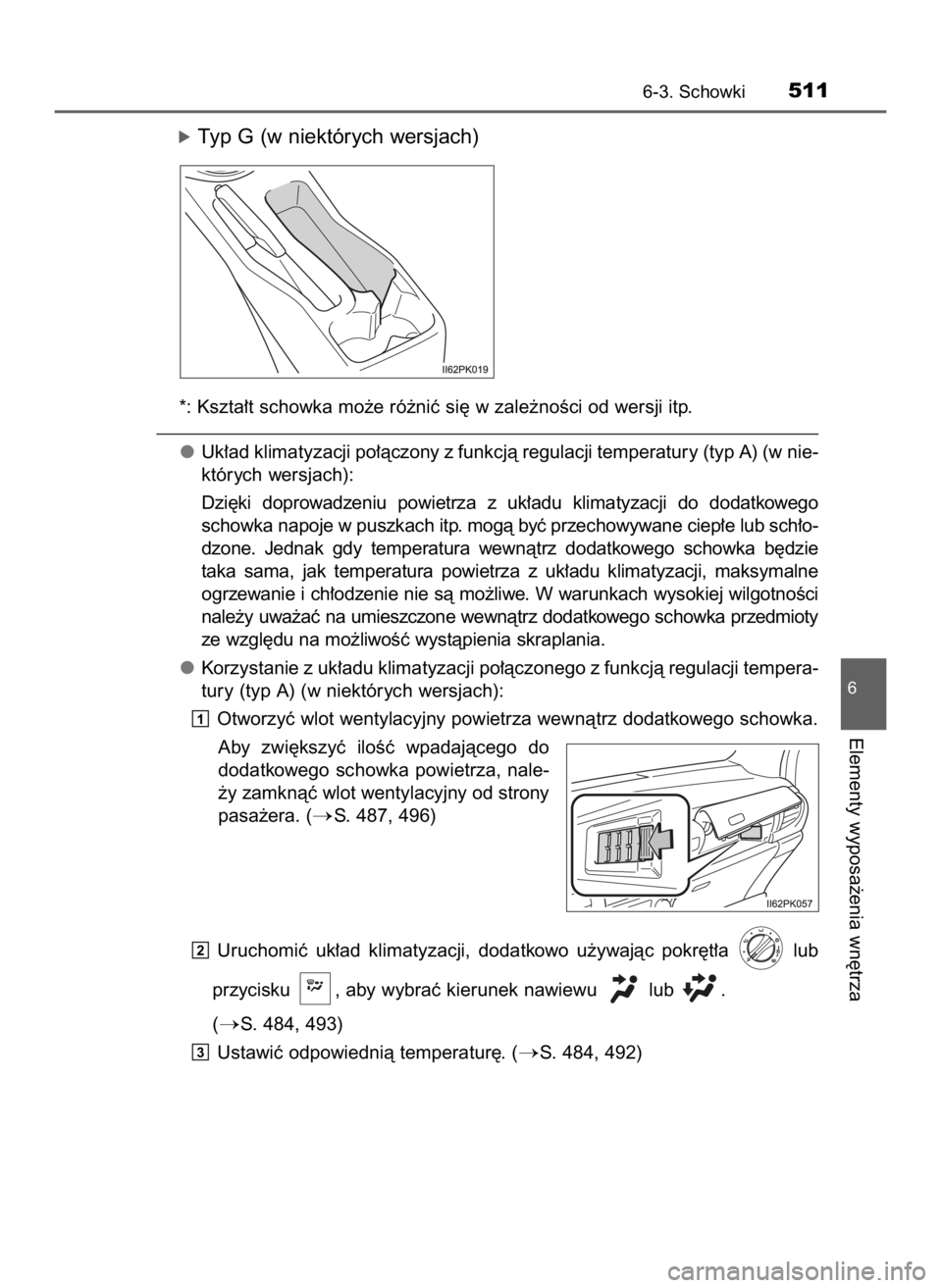 TOYOTA HILUX 2018  Instrukcja obsługi (in Polish) óTyp G (w niektórych wersjach)
*: Kszta∏t schowka mo˝e ró˝niç si´ w zale˝noÊci od wersji itp.
Uk∏ad klimatyzacji po∏àczony z funkcjà regulacji temperatury (typ A) (w nie-
których wer
