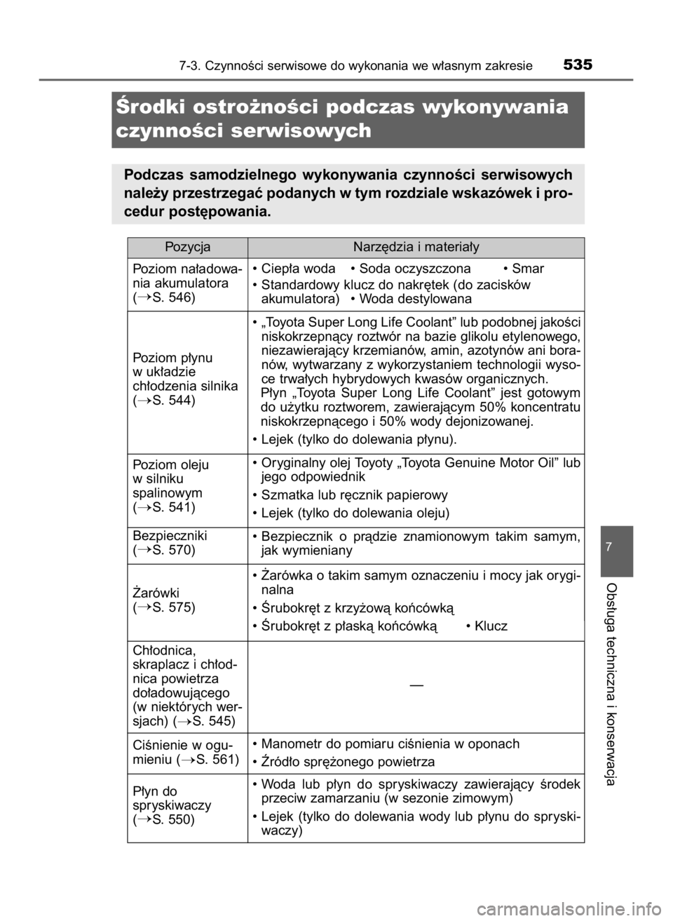 TOYOTA HILUX 2018  Instrukcja obsługi (in Polish) 7-3. CzynnoÊci serwisowe do wykonania we w∏asnym zakresie535
7
Obs∏uga techniczna i konserwacja
Ârodki ostro˝noÊci podczas wykonywania
czynnoÊci serwisowych
Podczas  samodzielnego  wykonywani
