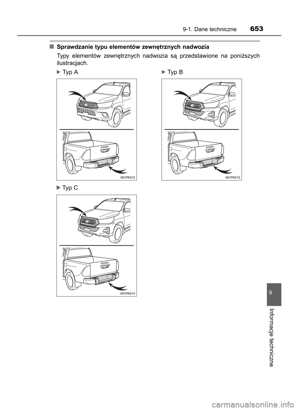 TOYOTA HILUX 2018  Instrukcja obsługi (in Polish) Sprawdzanie typu elementów zewn´trznych nadwozia
Typy  elementów  zewn´trznych  nadwozia  sà  przedstawione  na  poni˝szych
ilustracjach.
óTyp A                                              ó 