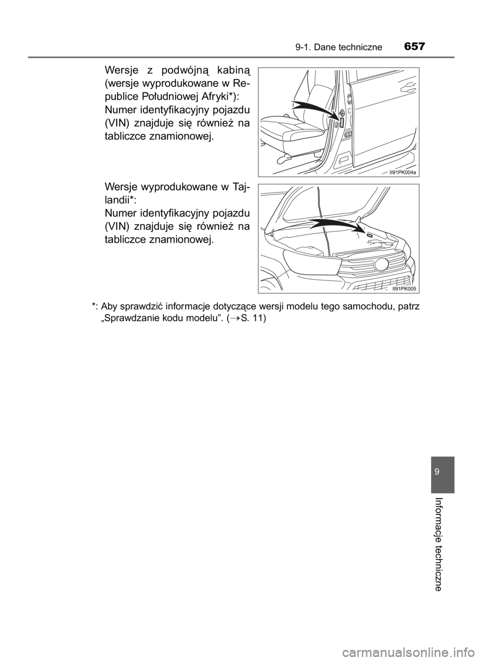 TOYOTA HILUX 2018  Instrukcja obsługi (in Polish) Wersje  z podwójnà  kabinà
(wersje wyprodukowane w Re-
publice Po∏udniowej Afryki*):
Numer  identyfikacyjny  pojazdu
(VIN)  znajduje  si´  równie˝  na
tabliczce znamionowej.
Wersje  wyprodukow