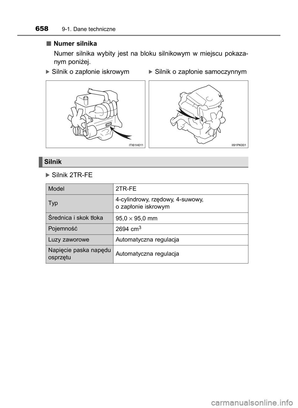 TOYOTA HILUX 2018  Instrukcja obsługi (in Polish) Numer silnika
Numer  silnika  wybity  jest  na  bloku  silnikowym  w miejscu  pokaza-
nym poni˝ej.
óSilnik o zap∏onie iskrowymóSilnik o zap∏onie samoczynnym
óSilnik 2TR-FE
6589-1. Dane technic