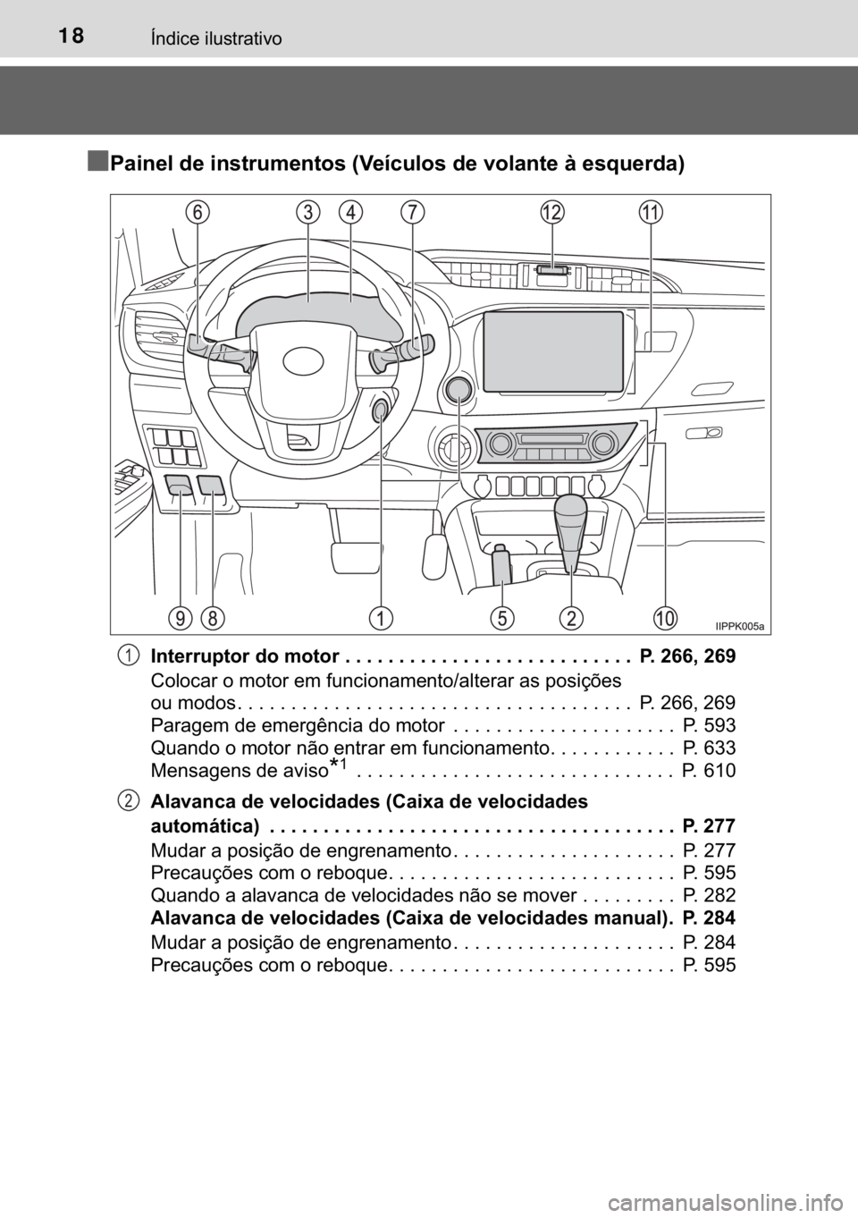 TOYOTA HILUX 2018  Manual de utilização (in Portuguese) 18�Ë�Q�G�L�F�H��L�O�X�V�W�U�D�W�L�Y�R
n
nn n�3�D�L�Q�H�O��G�H��L�Q�V�W�U�X�P�H�Q�W�R�V���9�H�t�F�X�O�R�V��G�H��Y�R�O�D�Q�W�H��j��H�V�T�X�H�U�G�D�
�,�Q�W�H�U�U�X�S�W�R�U��G�R��P�R�W�R�U��