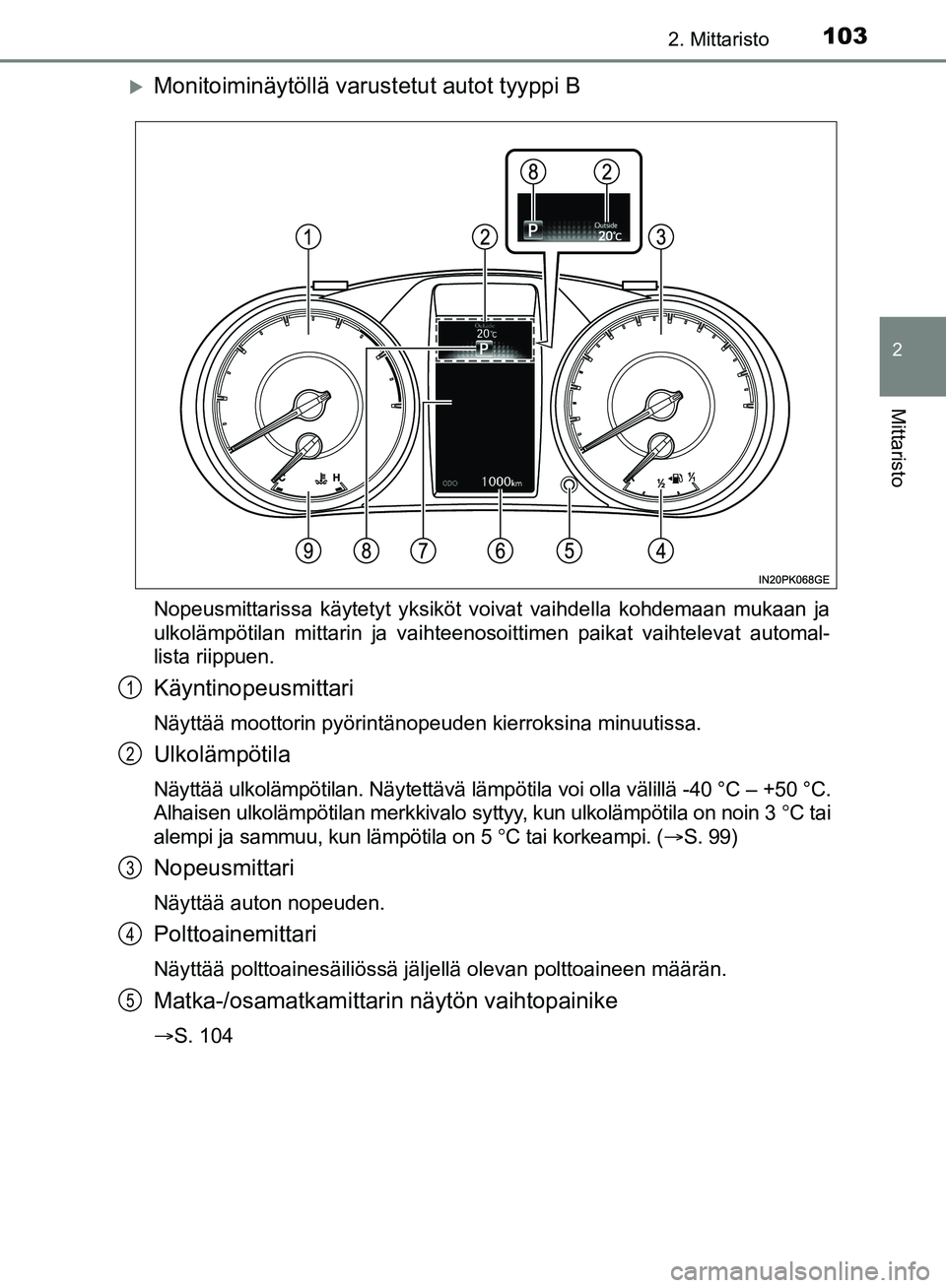 TOYOTA HILUX 2018 Omistajan Käsikirja (in Finnish) 1032. Mittaristo
2
Mittaristo
HILUX_OM_OM0K375FI_(EE)
Monitoiminäytöllä varustetut autot tyyppi B
Nopeusmittarissa käytetyt yksiköt voivat vaihdella kohdemaan mukaan ja
ulkolämpötilan mittar TOYOTA HILUX 2018 Omistajan Käsikirja (in Finnish) 1032. Mittaristo
2
Mittaristo
HILUX_OM_OM0K375FI_(EE)
Monitoiminäytöllä varustetut autot tyyppi B
Nopeusmittarissa käytetyt yksiköt voivat vaihdella kohdemaan mukaan ja
ulkolämpötilan mittar