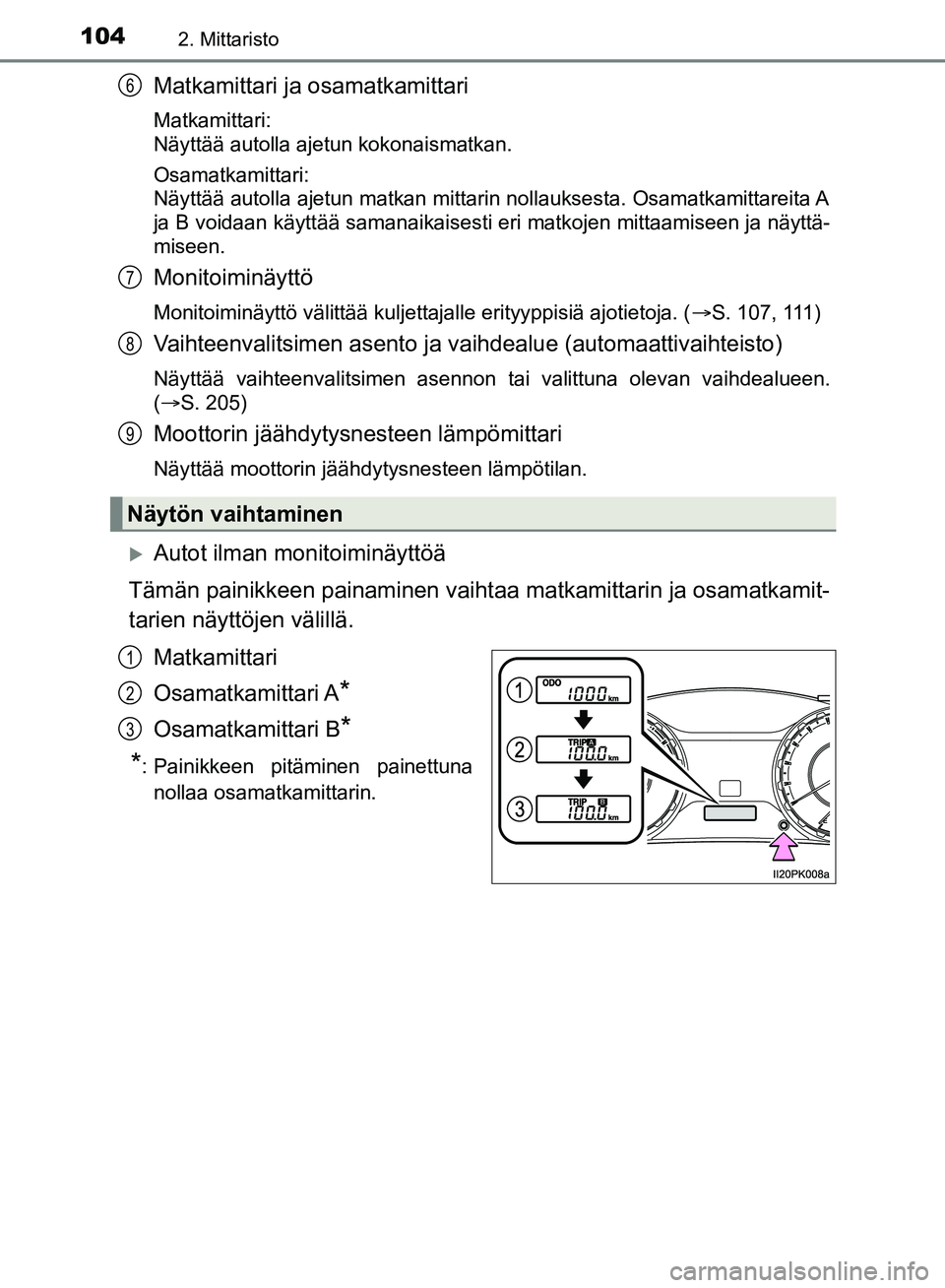 TOYOTA HILUX 2018 Omistajan Käsikirja (in Finnish) 1042. Mittaristo
HILUX_OM_OM0K375FI_(EE)
Matkamittari ja osamatkamittari
Matkamittari:
Näyttää autolla ajetun kokonaismatkan.
Osamatkamittari:
Näyttää autolla ajetun matkan mittarin nollaukses TOYOTA HILUX 2018 Omistajan Käsikirja (in Finnish) 1042. Mittaristo
HILUX_OM_OM0K375FI_(EE)
Matkamittari ja osamatkamittari
Matkamittari:
Näyttää autolla ajetun kokonaismatkan.
Osamatkamittari:
Näyttää autolla ajetun matkan mittarin nollaukses