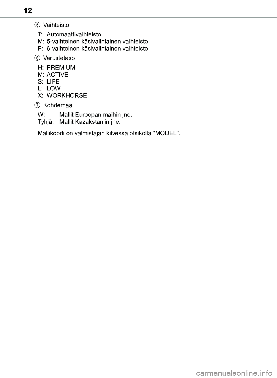 TOYOTA HILUX 2018  Omistajan Käsikirja (in Finnish) 12
HILUX_OM_OM0K375FI_(EE)Vaihteisto
T: Automaattivaihteisto
M: 5-vaihteinen käsivalintainen vaihteisto
F: 6-vaihteinen käsivalintainen vaihteisto Varustetaso
H: PREMIUM
M: ACTIVE
S: LIFE
L: LOW
X: 