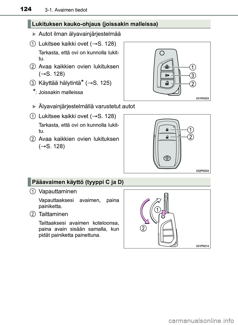 TOYOTA HILUX 2018 Omistajan Käsikirja (in Finnish) 1243-1. Avaimen tiedot
HILUX_OM_OM0K375FI_(EE)
Autot ilman älyavainjärjestelmää
Lukitsee kaikki ovet (S. 128)
Tarkasta, että ovi on kunnolla lukit-
tu.
Avaa kaikkien ovien lukituksen
( S TOYOTA HILUX 2018 Omistajan Käsikirja (in Finnish) 1243-1. Avaimen tiedot
HILUX_OM_OM0K375FI_(EE)
Autot ilman älyavainjärjestelmää
Lukitsee kaikki ovet (S. 128)
Tarkasta, että ovi on kunnolla lukit-
tu.
Avaa kaikkien ovien lukituksen
( S