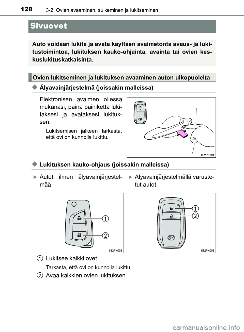 TOYOTA HILUX 2018 Omistajan Käsikirja (in Finnish) 1283-2. Ovien avaaminen, sulkeminen ja lukitseminen
HILUX_OM_OM0K375FI_(EE)
Sivuovet
uÄlyavainjärjestelmä (joissakin malleissa)
Elektronisen avaimen ollessa
mukanasi, paina painiketta luki-
taksesi TOYOTA HILUX 2018 Omistajan Käsikirja (in Finnish) 1283-2. Ovien avaaminen, sulkeminen ja lukitseminen
HILUX_OM_OM0K375FI_(EE)
Sivuovet
uÄlyavainjärjestelmä (joissakin malleissa)
Elektronisen avaimen ollessa
mukanasi, paina painiketta luki-
taksesi