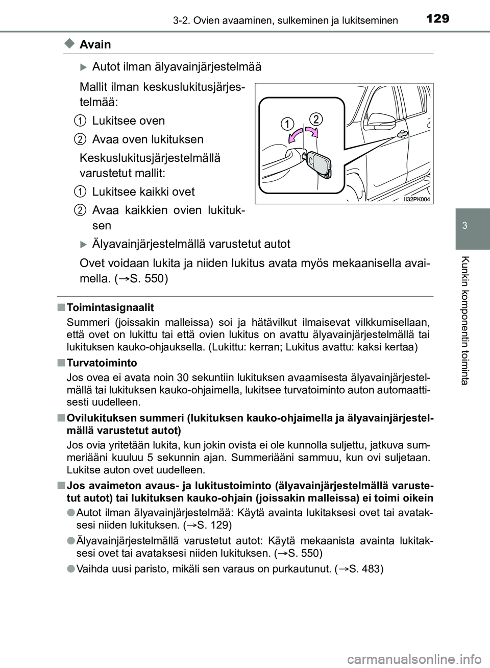 TOYOTA HILUX 2018 Omistajan Käsikirja (in Finnish) 1293-2. Ovien avaaminen, sulkeminen ja lukitseminen
3
Kunkin komponentin toiminta
HILUX_OM_OM0K375FI_(EE)
uAvain
Autot ilman älyavainjärjestelmää
Mallit ilman keskuslukitusjärjes-
telmää: Lu TOYOTA HILUX 2018 Omistajan Käsikirja (in Finnish) 1293-2. Ovien avaaminen, sulkeminen ja lukitseminen
3
Kunkin komponentin toiminta
HILUX_OM_OM0K375FI_(EE)
uAvain
Autot ilman älyavainjärjestelmää
Mallit ilman keskuslukitusjärjes-
telmää: Lu