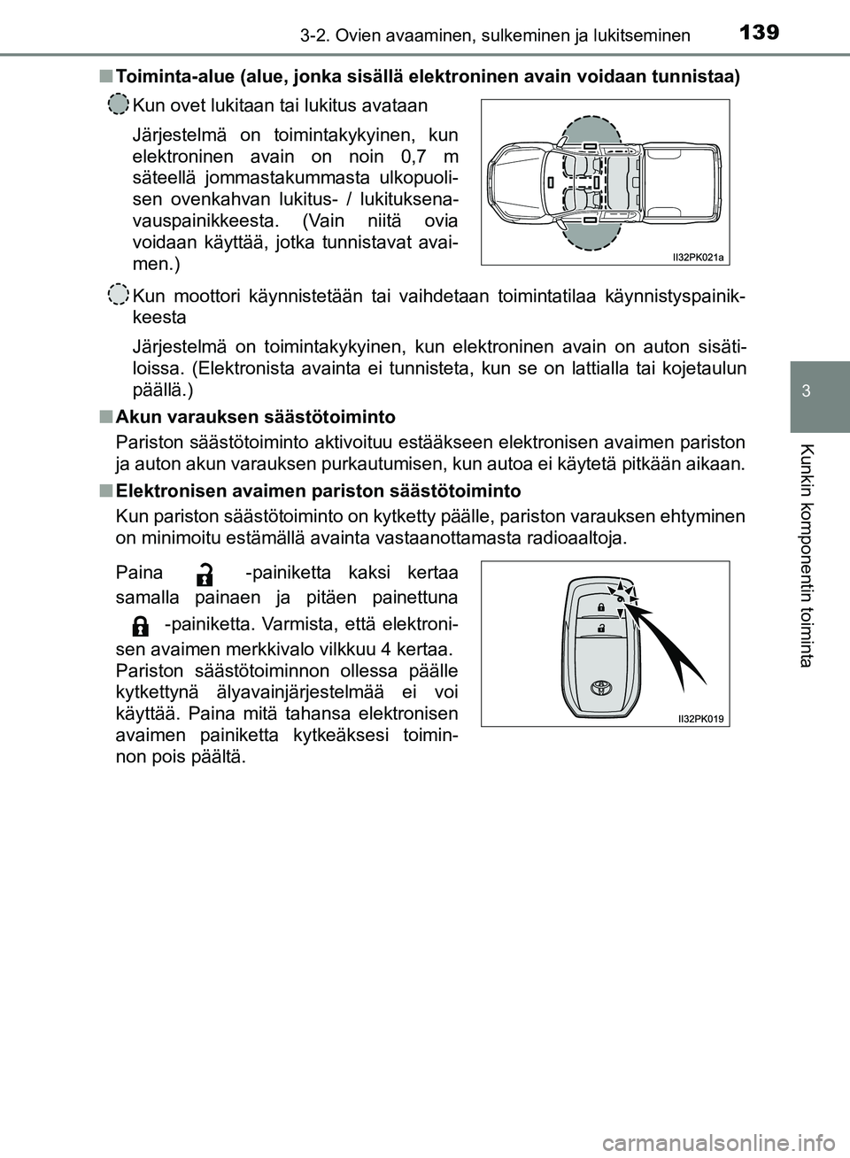 TOYOTA HILUX 2018 Omistajan Käsikirja (in Finnish) 1393-2. Ovien avaaminen, sulkeminen ja lukitseminen
3
Kunkin komponentin toiminta
HILUX_OM_OM0K375FI_(EE)n
Toiminta-alue (alue, jonka sisällä elektroninen avain voidaan tunnistaa)
Kun moottori käyn TOYOTA HILUX 2018 Omistajan Käsikirja (in Finnish) 1393-2. Ovien avaaminen, sulkeminen ja lukitseminen
3
Kunkin komponentin toiminta
HILUX_OM_OM0K375FI_(EE)n
Toiminta-alue (alue, jonka sisällä elektroninen avain voidaan tunnistaa)
Kun moottori käyn