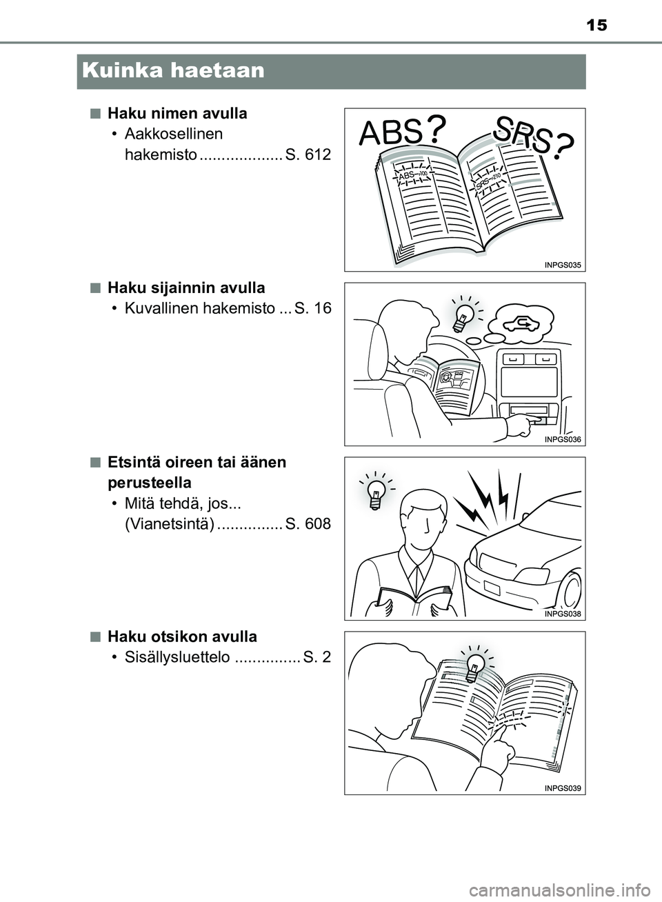 TOYOTA HILUX 2018  Omistajan Käsikirja (in Finnish) 15
HILUX_OM_OM0K375FI_(EE)
Kuinka haetaan
nHaku nimen avulla• Aakkosellinen  hakemisto ................... S. 612
nHaku sijainnin avulla• Kuvallinen hakemisto ... S. 16
nEtsintä oireen tai ääne