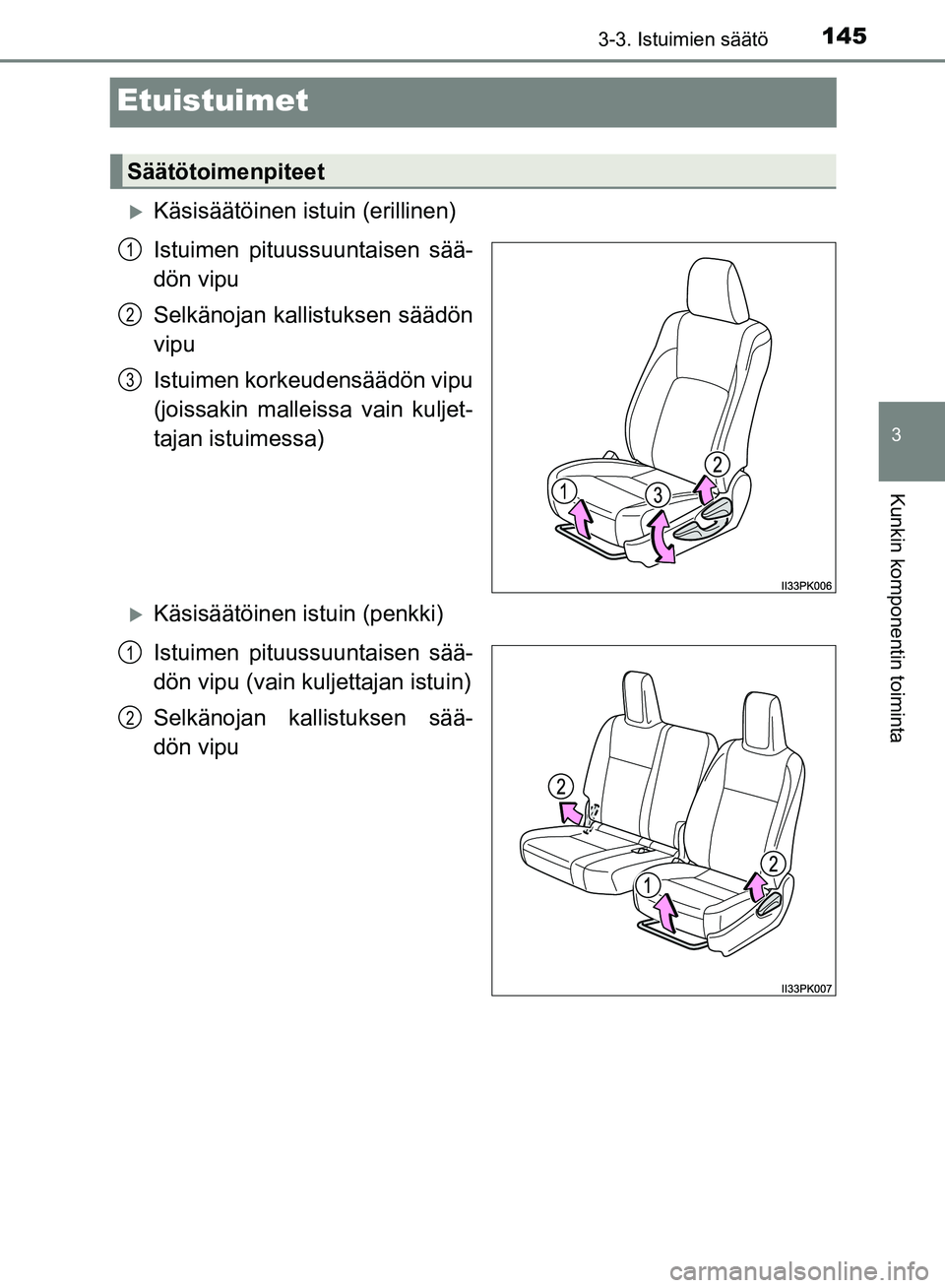 TOYOTA HILUX 2018 Omistajan Käsikirja (in Finnish) 145
3
3-3. Istuimien säätö
Kunkin komponentin toiminta
HILUX_OM_OM0K375FI_(EE)
Etuistuimet
Käsisäätöinen istuin (erillinen)
Istuimen pituussuuntaisen sää-
dön vipu
Selkänojan kallis tuks TOYOTA HILUX 2018 Omistajan Käsikirja (in Finnish) 145
3
3-3. Istuimien säätö
Kunkin komponentin toiminta
HILUX_OM_OM0K375FI_(EE)
Etuistuimet
Käsisäätöinen istuin (erillinen)
Istuimen pituussuuntaisen sää-
dön vipu
Selkänojan kallis tuks