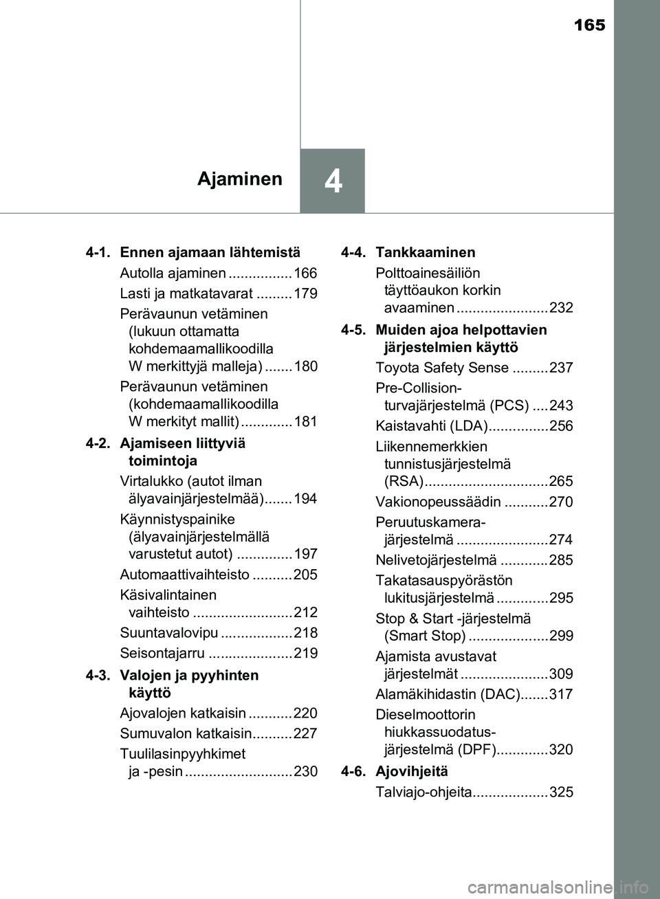 TOYOTA HILUX 2018 Omistajan Käsikirja (in Finnish) 165
4Ajaminen
HILUX_OM_OM0K375FI_(EE)4-1. Ennen ajamaan lähtemistä
Autolla ajaminen ................ 166
Lasti ja matkatavarat ......... 179
Perävaunun vetäminen (lukuun ottamatta
kohdemaamalliko TOYOTA HILUX 2018 Omistajan Käsikirja (in Finnish) 165
4Ajaminen
HILUX_OM_OM0K375FI_(EE)4-1. Ennen ajamaan lähtemistä
Autolla ajaminen ................ 166
Lasti ja matkatavarat ......... 179
Perävaunun vetäminen (lukuun ottamatta
kohdemaamalliko