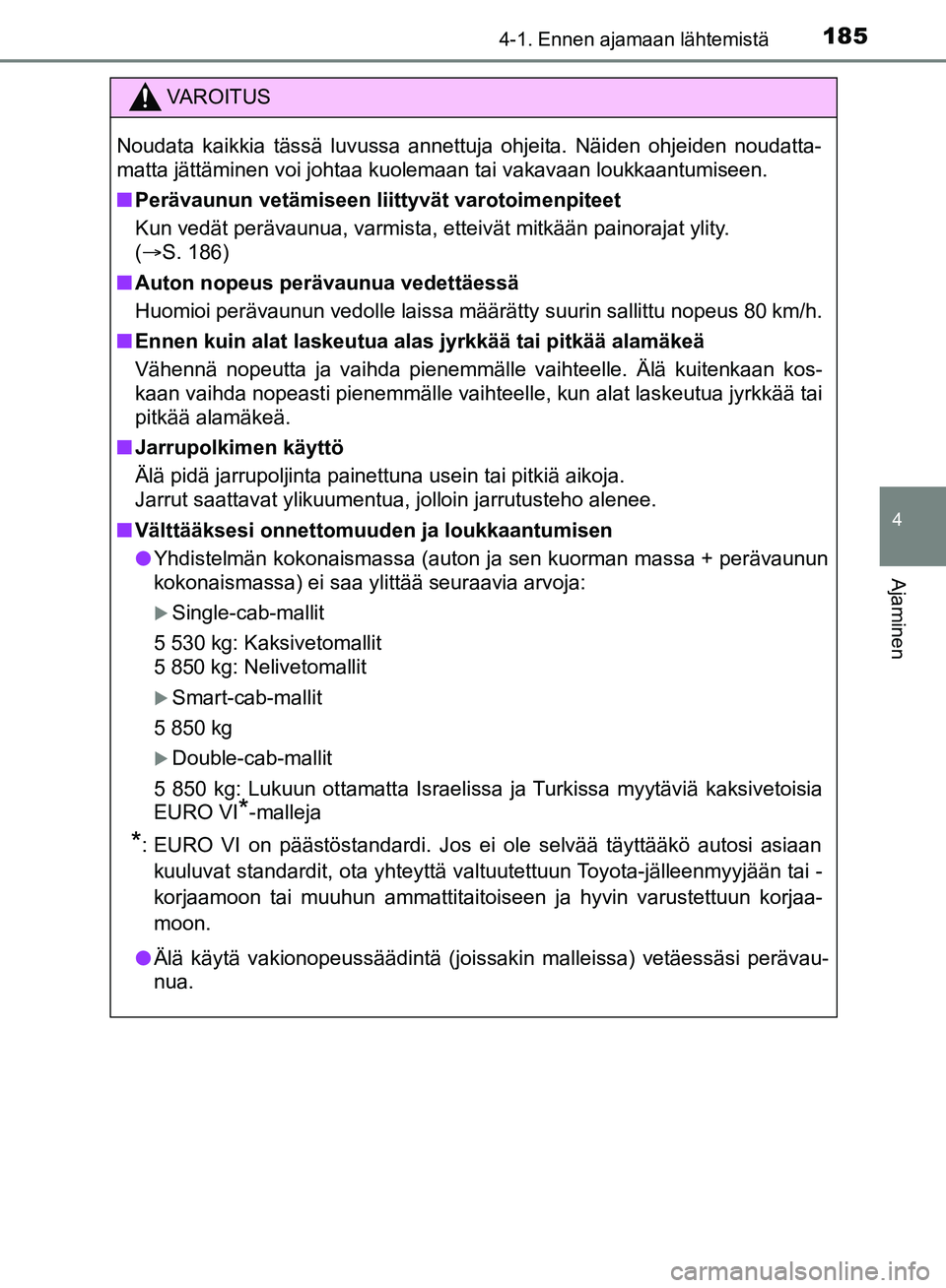 TOYOTA HILUX 2018 Omistajan Käsikirja (in Finnish) 1854-1. Ennen ajamaan lähtemistä
4
Ajaminen
HILUX_OM_OM0K375FI_(EE)
VAROITUS
Noudata kaikkia tässä luvussa annettuja ohjeita. Näiden ohjeiden noudatta-
matta jättäminen voi johtaa kuolemaan tai TOYOTA HILUX 2018 Omistajan Käsikirja (in Finnish) 1854-1. Ennen ajamaan lähtemistä
4
Ajaminen
HILUX_OM_OM0K375FI_(EE)
VAROITUS
Noudata kaikkia tässä luvussa annettuja ohjeita. Näiden ohjeiden noudatta-
matta jättäminen voi johtaa kuolemaan tai