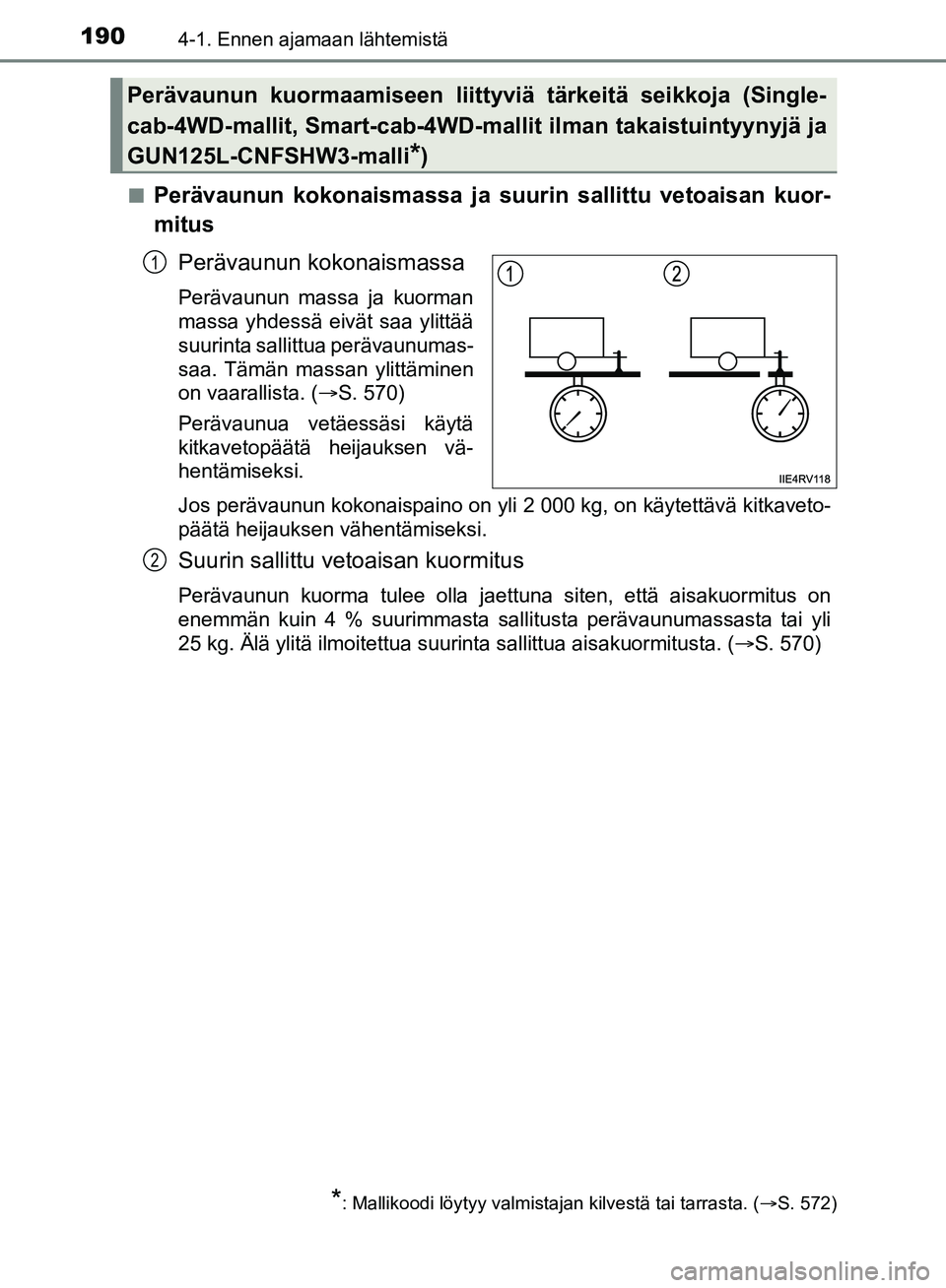TOYOTA HILUX 2018 Omistajan Käsikirja (in Finnish) 1904-1. Ennen ajamaan lähtemistä
HILUX_OM_OM0K375FI_(EE)n
Perävaunun kokonaismassa ja suurin sallittu vetoaisan kuor-
mitus
Perävaunun kokonaismassa
Perävaunun massa ja kuorman
massa yhdessä eiv TOYOTA HILUX 2018 Omistajan Käsikirja (in Finnish) 1904-1. Ennen ajamaan lähtemistä
HILUX_OM_OM0K375FI_(EE)n
Perävaunun kokonaismassa ja suurin sallittu vetoaisan kuor-
mitus
Perävaunun kokonaismassa
Perävaunun massa ja kuorman
massa yhdessä eiv