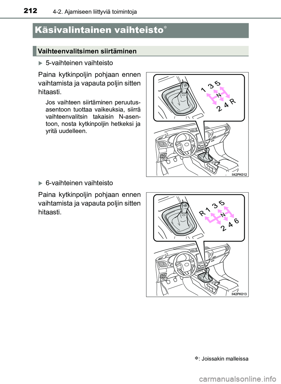 TOYOTA HILUX 2018 Omistajan Käsikirja (in Finnish) 2124-2. Ajamiseen liittyviä toimintoja
HILUX_OM_OM0K375FI_(EE)
Käsivalintainen vaihteisto
5-vaihteinen vaihteisto
Paina kytkinpoljin pohjaan ennen
vaihtamista ja vapauta poljin sitten
hitaasti TOYOTA HILUX 2018 Omistajan Käsikirja (in Finnish) 2124-2. Ajamiseen liittyviä toimintoja
HILUX_OM_OM0K375FI_(EE)
Käsivalintainen vaihteisto
5-vaihteinen vaihteisto
Paina kytkinpoljin pohjaan ennen
vaihtamista ja vapauta poljin sitten
hitaasti