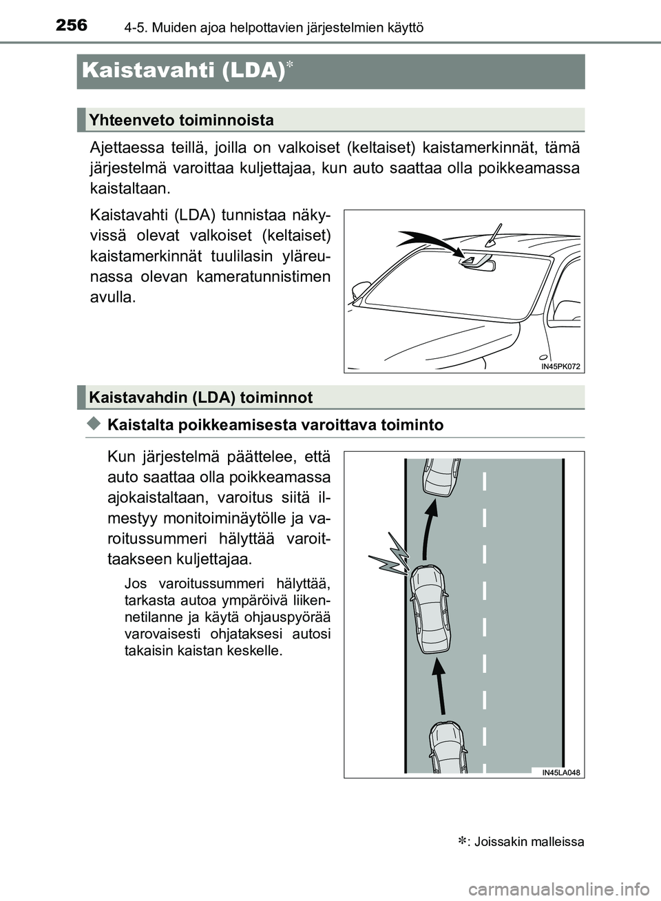 TOYOTA HILUX 2018 Omistajan Käsikirja (in Finnish) 2564-5. Muiden ajoa helpottavien järjestelmien käyttö
HILUX_OM_OM0K375FI_(EE)
Kaistavahti (LDA)
Ajettaessa teillä, joilla on valkoiset (keltaiset) kaistamerkinnät, tämä
järjestelmä varoitt TOYOTA HILUX 2018 Omistajan Käsikirja (in Finnish) 2564-5. Muiden ajoa helpottavien järjestelmien käyttö
HILUX_OM_OM0K375FI_(EE)
Kaistavahti (LDA)
Ajettaessa teillä, joilla on valkoiset (keltaiset) kaistamerkinnät, tämä
järjestelmä varoitt