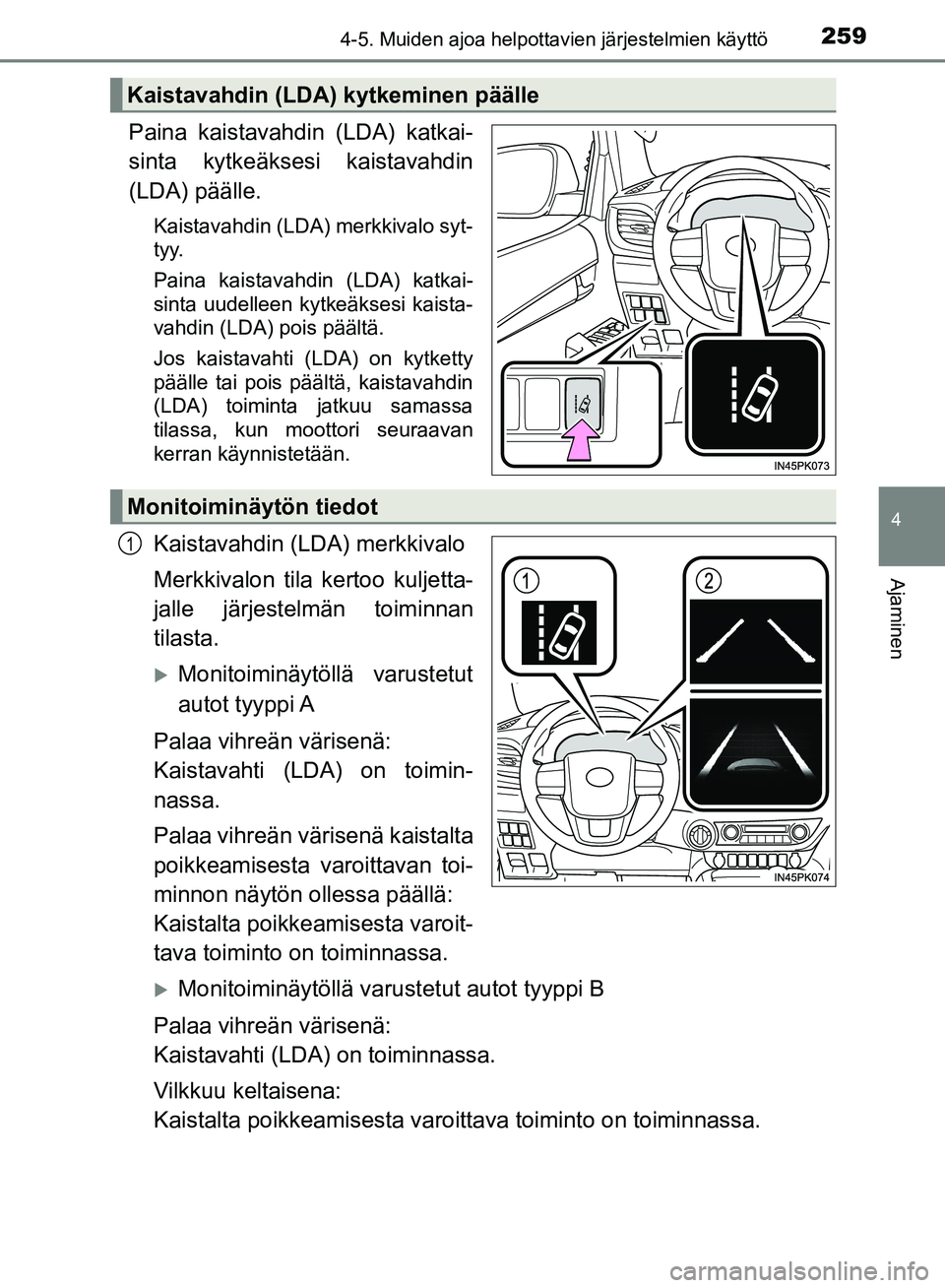 TOYOTA HILUX 2018 Omistajan Käsikirja (in Finnish) 2594-5. Muiden ajoa helpottavien järjestelmien käyttö
4
Ajaminen
HILUX_OM_OM0K375FI_(EE)
Paina kaistavahdin (LDA) katkai-
sinta kytkeäksesi kaistavahdin
(LDA) päälle.
Kaistavahdin (LDA) merkkiva TOYOTA HILUX 2018 Omistajan Käsikirja (in Finnish) 2594-5. Muiden ajoa helpottavien järjestelmien käyttö
4
Ajaminen
HILUX_OM_OM0K375FI_(EE)
Paina kaistavahdin (LDA) katkai-
sinta kytkeäksesi kaistavahdin
(LDA) päälle.
Kaistavahdin (LDA) merkkiva