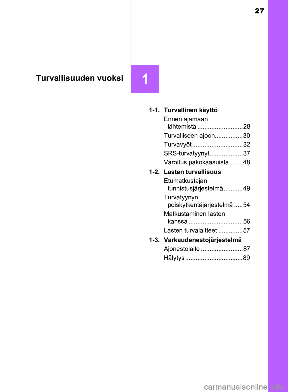 TOYOTA HILUX 2018  Omistajan Käsikirja (in Finnish) 27
1Turvallisuuden vuoksi
HILUX_OM_OM0K375FI_(EE)1-1. Turvallinen käyttö
Ennen ajamaan lähtemistä .......................... 28
Turvalliseen ajoon................ 30
Turvavyöt ...................