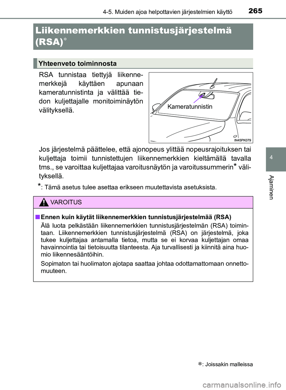 TOYOTA HILUX 2018  Omistajan Käsikirja (in Finnish) 265
4
4-5. Muiden ajoa helpottavien järjestelmien käyttö
Ajaminen
HILUX_OM_OM0K375FI_(EE)
Liikennemerkkien tunnistusjärjestelmä 
(RSA)

RSA tunnistaa tiettyjä liikenne-
merkkejä käyttäen a