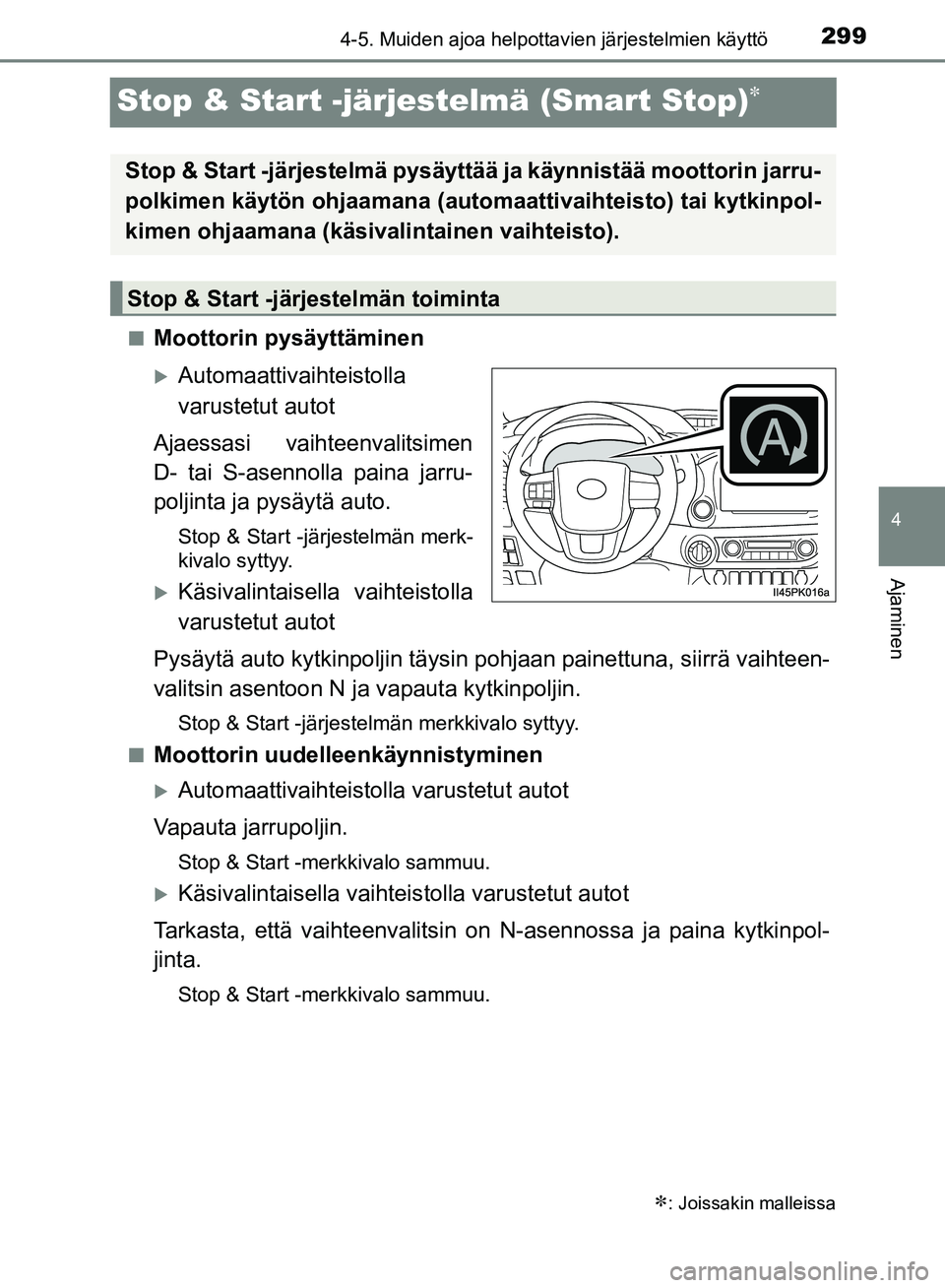 TOYOTA HILUX 2018  Omistajan Käsikirja (in Finnish) 299
4
4-5. Muiden ajoa helpottavien järjestelmien käyttö
Ajaminen
HILUX_OM_OM0K375FI_(EE)
Stop & Start -järjestelmä (Smart Stop)
nMoottorin pysäyttäminen
Automaattivaihteistolla
varustetu