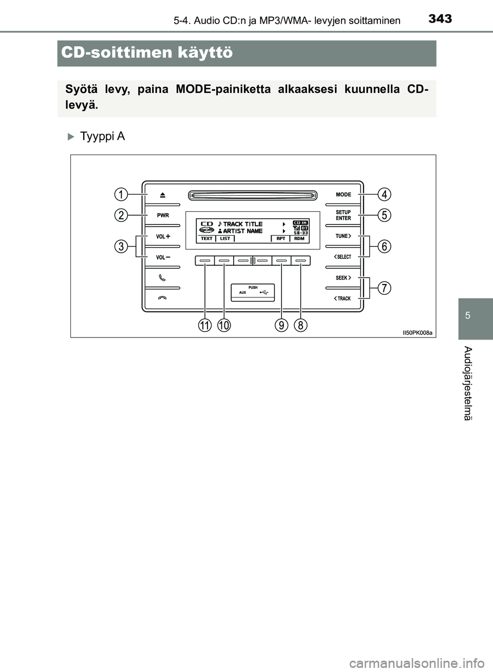 TOYOTA HILUX 2018 Omistajan Käsikirja (in Finnish) 343
5
5-4. Audio CD:n ja MP3/WMA- levyjen soittaminen
Audiojärjestelmä
HILUX_OM_OM0K375FI_(EE)
CD-soittimen käyttö
Ty y p p i A
Syötä levy, paina MODE-painiketta alkaaksesi kuunnella CD-
lev TOYOTA HILUX 2018 Omistajan Käsikirja (in Finnish) 343
5
5-4. Audio CD:n ja MP3/WMA- levyjen soittaminen
Audiojärjestelmä
HILUX_OM_OM0K375FI_(EE)
CD-soittimen käyttö
Ty y p p i A
Syötä levy, paina MODE-painiketta alkaaksesi kuunnella CD-
lev