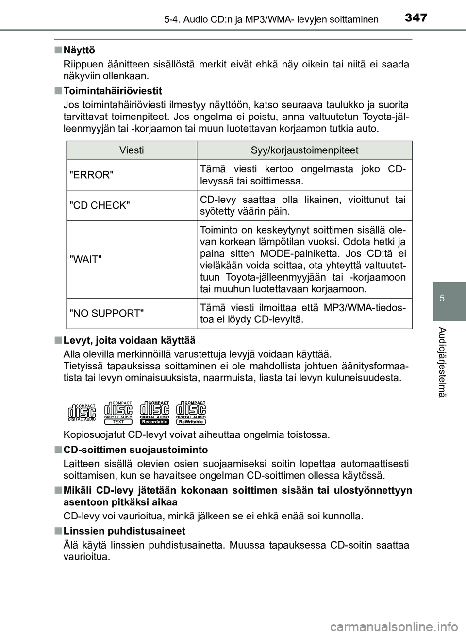 TOYOTA HILUX 2018 Omistajan Käsikirja (in Finnish) 3475-4. Audio CD:n ja MP3/WMA- levyjen soittaminen
5
Audiojärjestelmä
HILUX_OM_OM0K375FI_(EE)
nNäyttö
Riippuen äänitteen sisällöstä merkit eivät ehkä näy oikein tai niitä ei saada
näkyvi TOYOTA HILUX 2018 Omistajan Käsikirja (in Finnish) 3475-4. Audio CD:n ja MP3/WMA- levyjen soittaminen
5
Audiojärjestelmä
HILUX_OM_OM0K375FI_(EE)
nNäyttö
Riippuen äänitteen sisällöstä merkit eivät ehkä näy oikein tai niitä ei saada
näkyvi