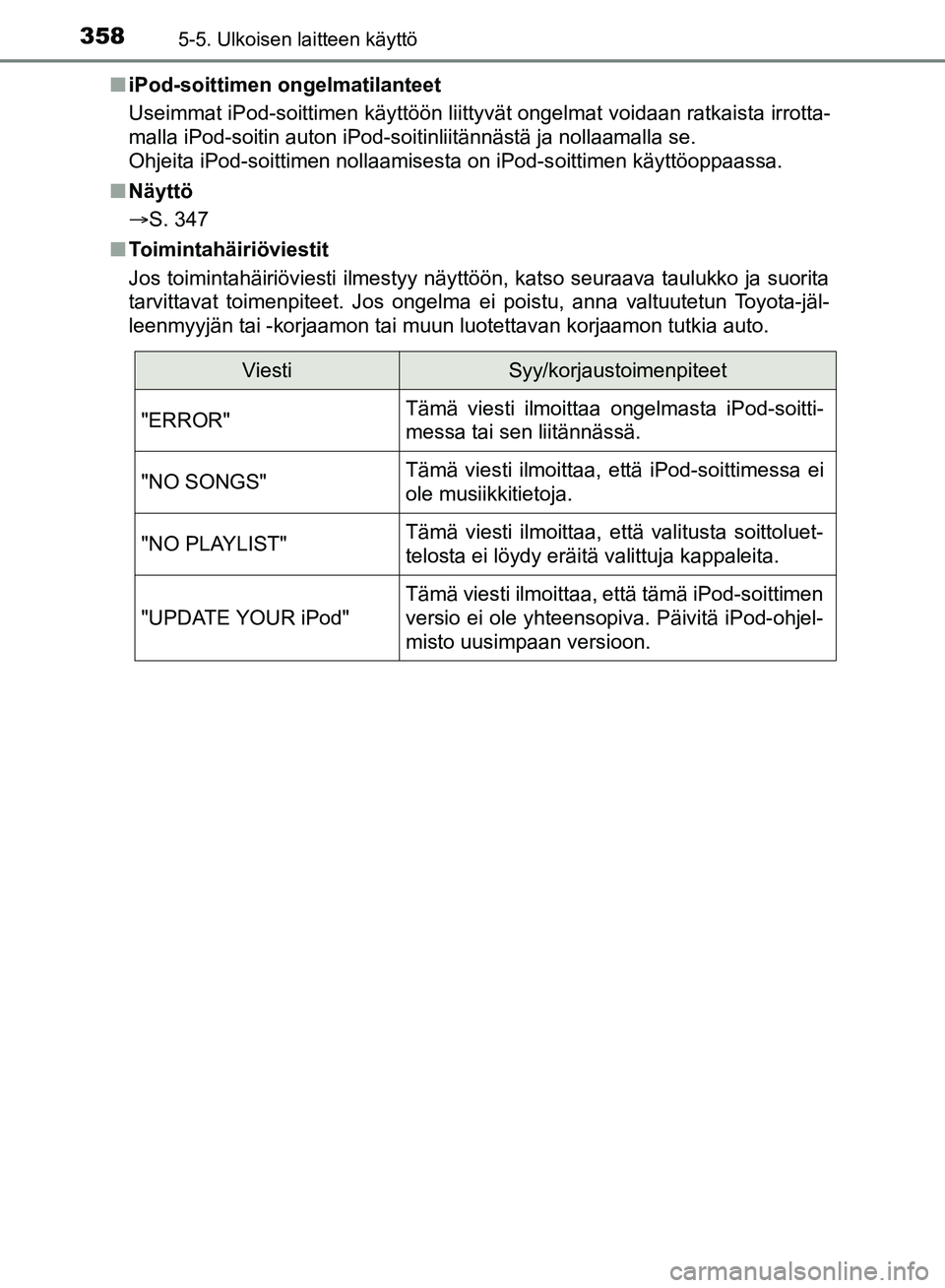 TOYOTA HILUX 2018 Omistajan Käsikirja (in Finnish) 3585-5. Ulkoisen laitteen käyttö
HILUX_OM_OM0K375FI_(EE)n
iPod-soittimen ongelmatilanteet
Useimmat iPod-soittimen käyttöön liittyvät ongelmat voidaan ratkaista irrotta-
malla iPod-soitin auton i TOYOTA HILUX 2018 Omistajan Käsikirja (in Finnish) 3585-5. Ulkoisen laitteen käyttö
HILUX_OM_OM0K375FI_(EE)n
iPod-soittimen ongelmatilanteet
Useimmat iPod-soittimen käyttöön liittyvät ongelmat voidaan ratkaista irrotta-
malla iPod-soitin auton i