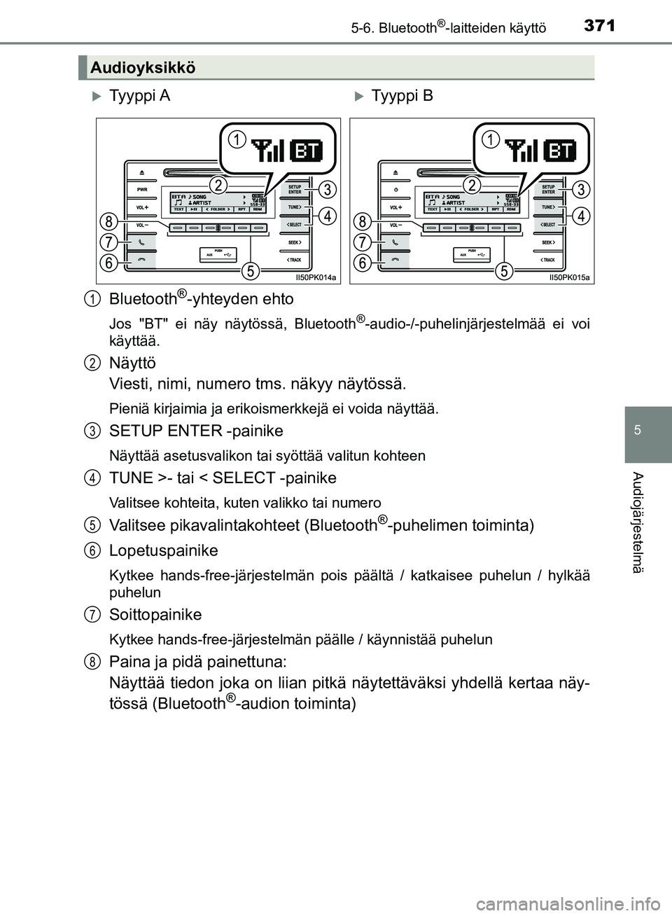 TOYOTA HILUX 2018  Omistajan Käsikirja (in Finnish) 3715-6. Bluetooth®-laitteiden käyttö
5
Audiojärjestelmä
HILUX_OM_OM0K375FI_(EE)
Bluetooth®-yhteyden ehto
Jos "BT" ei näy näytössä, Bluetooth®-audio-/-puhelinjärjestelmää ei voi
käyttä
