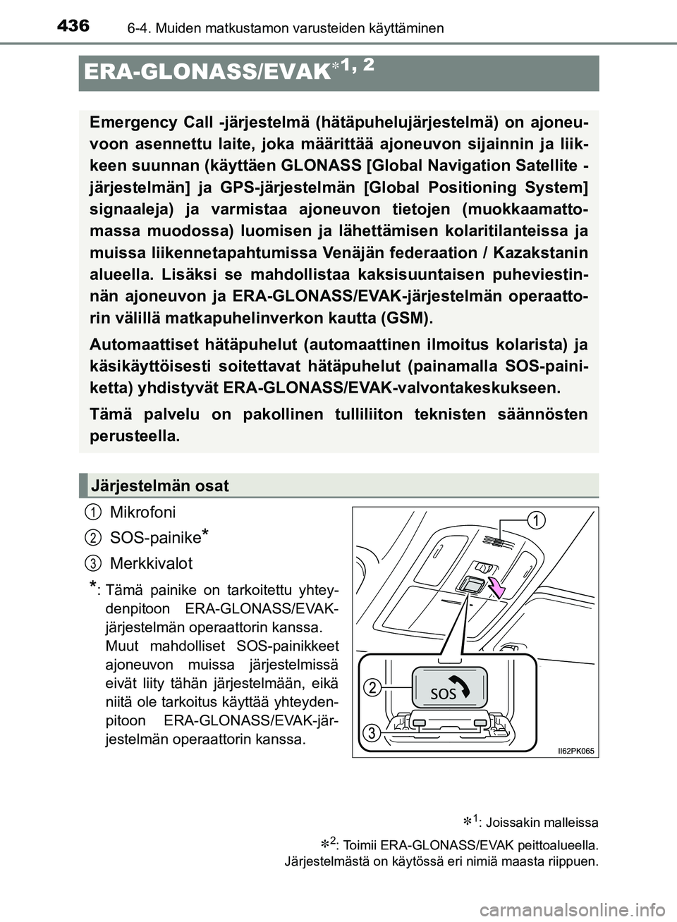 TOYOTA HILUX 2018  Omistajan Käsikirja (in Finnish) 4366-4. Muiden matkustamon varusteiden käyttäminen
HILUX_OM_OM0K375FI_(EE)
ERA-GLONASS/EVAK1, 2
Mikrofoni
SOS-painike
*
Merkkivalot
*: Tämä painike on tarkoitettu yhtey-denpitoon ERA-GLONASS/EV