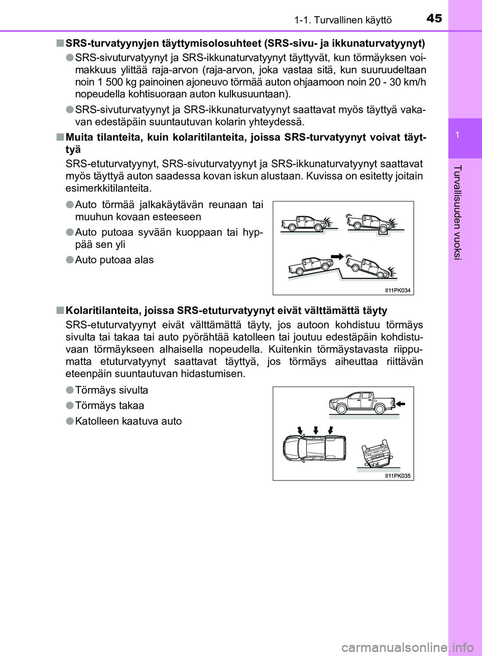 TOYOTA HILUX 2018 Omistajan Käsikirja (in Finnish) 451-1. Turvallinen käyttö
1
HILUX_OM_OM0K375FI_(EE)
Turvallisuuden vuoksi
nSRS-turvatyynyjen täytty misolosuhteet (SRS-sivu- ja ikkunaturvatyynyt)
l SRS-sivuturvatyynyt ja SRS-ikkunaturvatyynyt tä TOYOTA HILUX 2018 Omistajan Käsikirja (in Finnish) 451-1. Turvallinen käyttö
1
HILUX_OM_OM0K375FI_(EE)
Turvallisuuden vuoksi
nSRS-turvatyynyjen täytty misolosuhteet (SRS-sivu- ja ikkunaturvatyynyt)
l SRS-sivuturvatyynyt ja SRS-ikkunaturvatyynyt tä