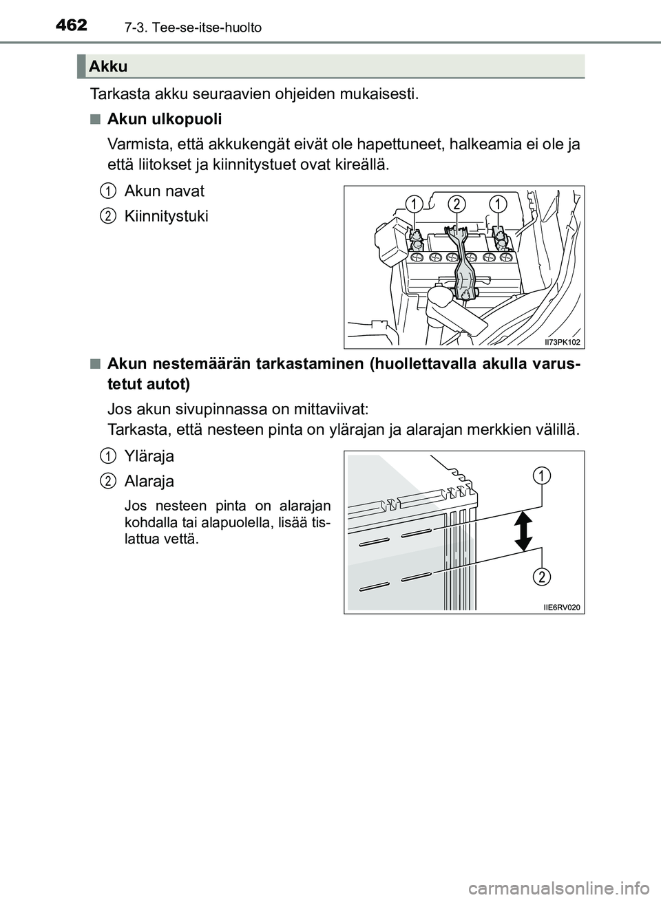 TOYOTA HILUX 2018 Omistajan Käsikirja (in Finnish) 4627-3. Tee-se-itse-huolto
HILUX_OM_OM0K375FI_(EE)
Tarkasta akku seuraavien ohjeiden mukaisesti.
nAkun ulkopuoli
Varmista, että akkukengät eivät ol e hapettuneet, halkeamia ei ole ja
että liitokse TOYOTA HILUX 2018 Omistajan Käsikirja (in Finnish) 4627-3. Tee-se-itse-huolto
HILUX_OM_OM0K375FI_(EE)
Tarkasta akku seuraavien ohjeiden mukaisesti.
nAkun ulkopuoli
Varmista, että akkukengät eivät ol e hapettuneet, halkeamia ei ole ja
että liitokse