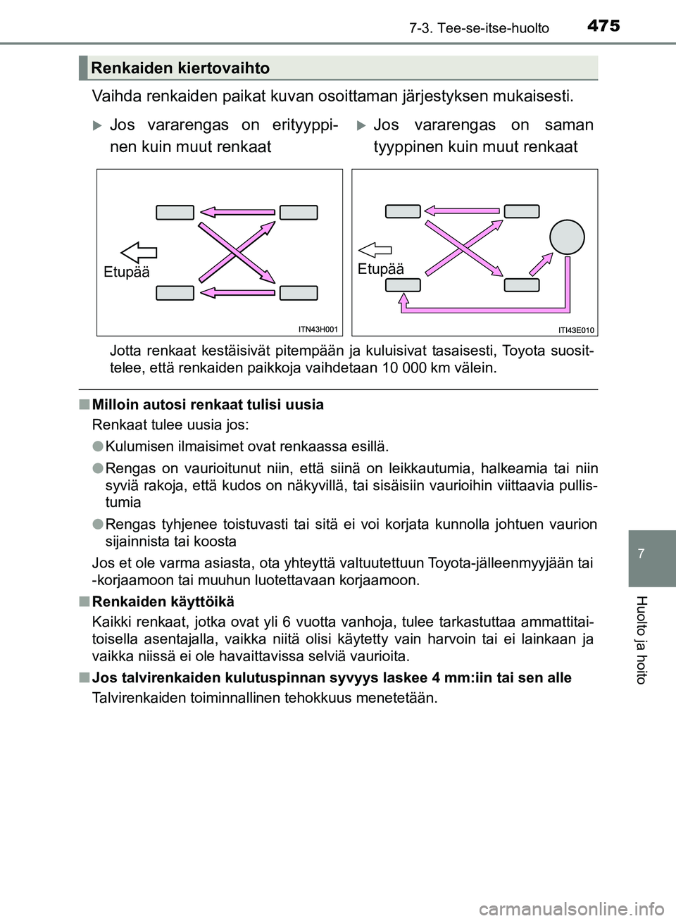 TOYOTA HILUX 2018 Omistajan Käsikirja (in Finnish) 4757-3. Tee-se-itse-huolto
HILUX_OM_OM0K375FI_(EE)
7
Huolto ja hoito
Vaihda renkaiden paikat kuvan osoittaman järjestyksen mukaisesti.
Jotta renkaat kestäisivät pitempään ja kuluisivat tasaisesti TOYOTA HILUX 2018 Omistajan Käsikirja (in Finnish) 4757-3. Tee-se-itse-huolto
HILUX_OM_OM0K375FI_(EE)
7
Huolto ja hoito
Vaihda renkaiden paikat kuvan osoittaman järjestyksen mukaisesti.
Jotta renkaat kestäisivät pitempään ja kuluisivat tasaisesti