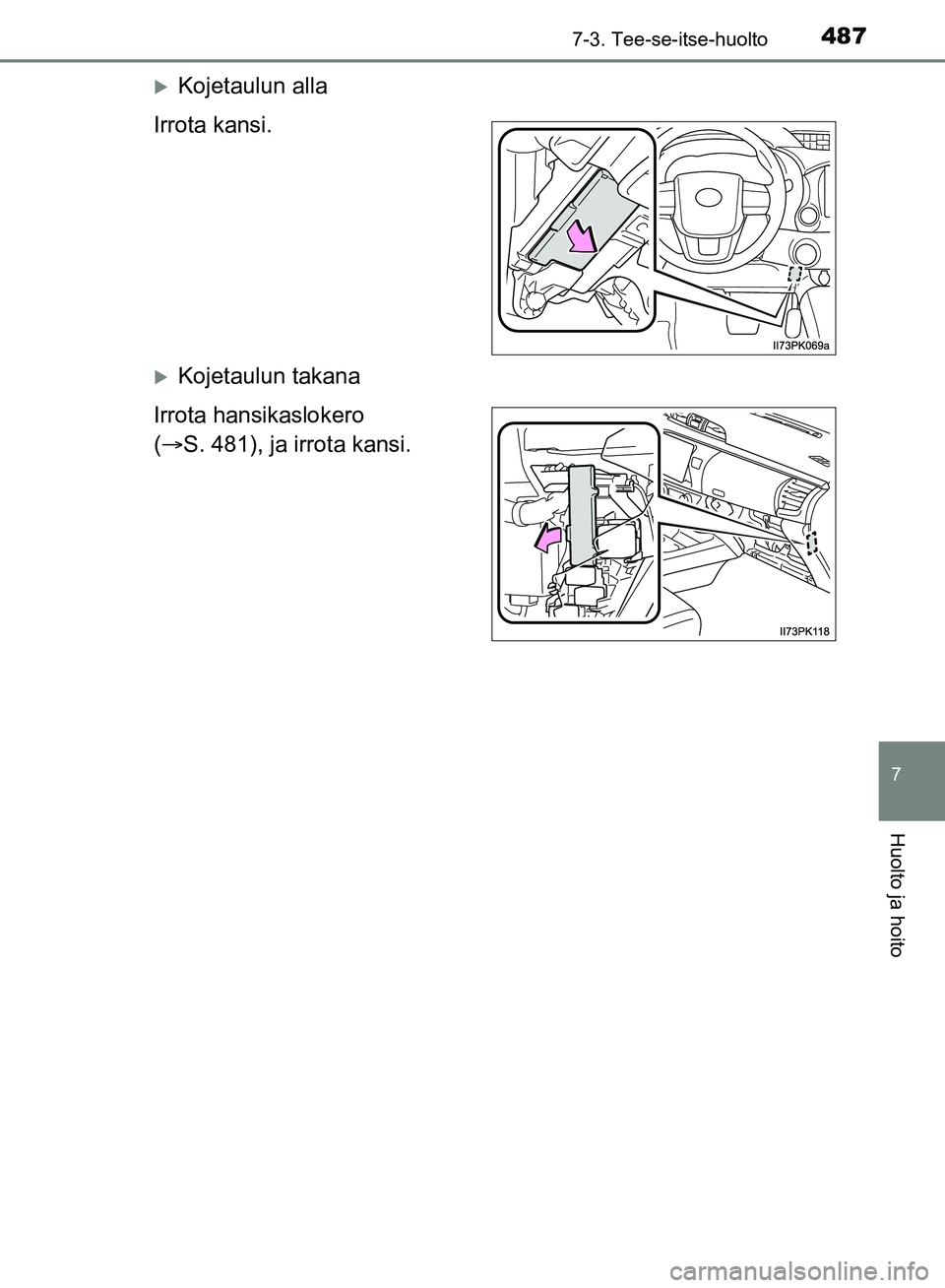 TOYOTA HILUX 2018  Omistajan Käsikirja (in Finnish) 4877-3. Tee-se-itse-huolto
HILUX_OM_OM0K375FI_(EE)
7
Huolto ja hoito
Kojetaulun alla
Irrota kansi.
Kojetaulun takana
Irrota hansikaslokero 
(  S. 481), ja irrota kansi.
OM0K375FI.book  Page 4