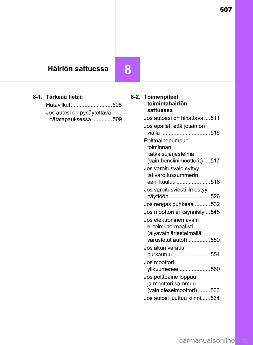 TOYOTA HILUX 2018 Omistajan Käsikirja (in Finnish) 507
8Häiriön sattuessa
HILUX_OM_OM0K375FI_(EE)8-1. Tärkeää tietää
Hätävilkut ........................... 508
Jos autosi on pysäytettävä hätätapauksessa ............. 509 8-2. Toimenpitee TOYOTA HILUX 2018 Omistajan Käsikirja (in Finnish) 507
8Häiriön sattuessa
HILUX_OM_OM0K375FI_(EE)8-1. Tärkeää tietää
Hätävilkut ........................... 508
Jos autosi on pysäytettävä hätätapauksessa ............. 509 8-2. Toimenpitee