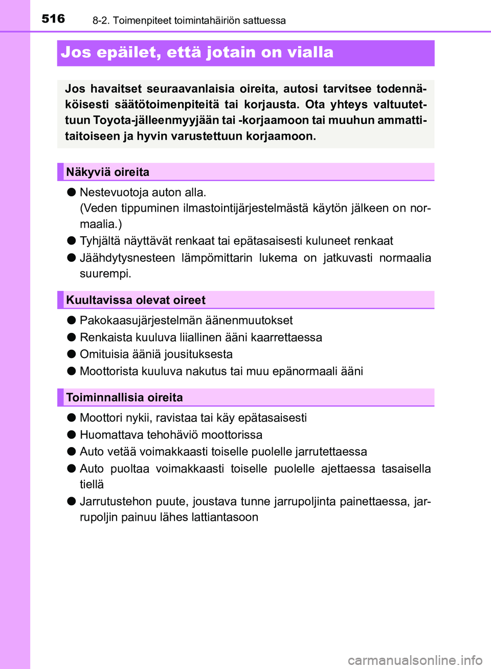 TOYOTA HILUX 2018  Omistajan Käsikirja (in Finnish) 5168-2. Toimenpiteet toimintahäiriön sattuessa
HILUX_OM_OM0K375FI_(EE)
Jos epäilet, että jotain on vialla
lNestevuotoja auton alla.
(Veden tippuminen ilmastointijärjestelmästä käytön jälkeen