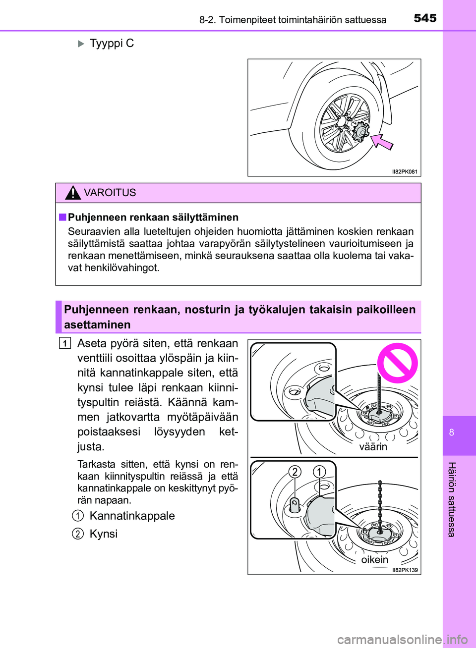 TOYOTA HILUX 2018 Omistajan Käsikirja (in Finnish) 5458-2. Toimenpiteet toimintahäiriön sattuessa
HILUX_OM_OM0K375FI_(EE)
8
Häiriön sattuessa
Ty y p p i C
Aseta pyörä siten, että renkaan
venttiili osoittaa ylöspäin ja kiin-
nitä kannatin TOYOTA HILUX 2018 Omistajan Käsikirja (in Finnish) 5458-2. Toimenpiteet toimintahäiriön sattuessa
HILUX_OM_OM0K375FI_(EE)
8
Häiriön sattuessa
Ty y p p i C
Aseta pyörä siten, että renkaan
venttiili osoittaa ylöspäin ja kiin-
nitä kannatin