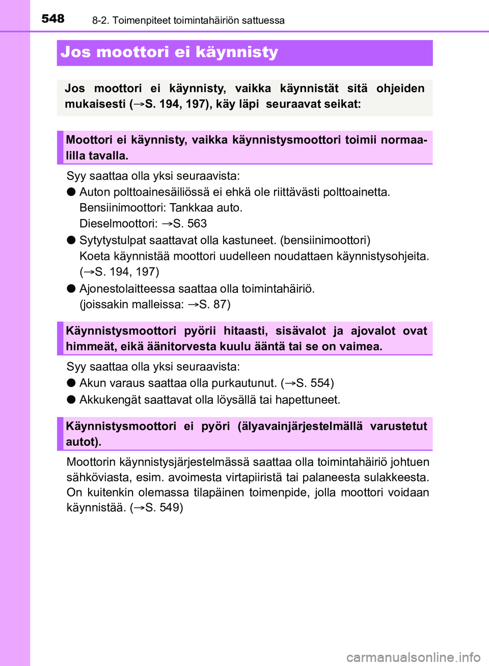 TOYOTA HILUX 2018 Omistajan Käsikirja (in Finnish) 5488-2. Toimenpiteet toimintahäiriön sattuessa
HILUX_OM_OM0K375FI_(EE)
Jos moottori ei käynnisty
Syy saattaa olla yksi seuraavista:
lAuton polttoainesäiliössä ei ehkä ole riittävästi polttoai TOYOTA HILUX 2018 Omistajan Käsikirja (in Finnish) 5488-2. Toimenpiteet toimintahäiriön sattuessa
HILUX_OM_OM0K375FI_(EE)
Jos moottori ei käynnisty
Syy saattaa olla yksi seuraavista:
lAuton polttoainesäiliössä ei ehkä ole riittävästi polttoai