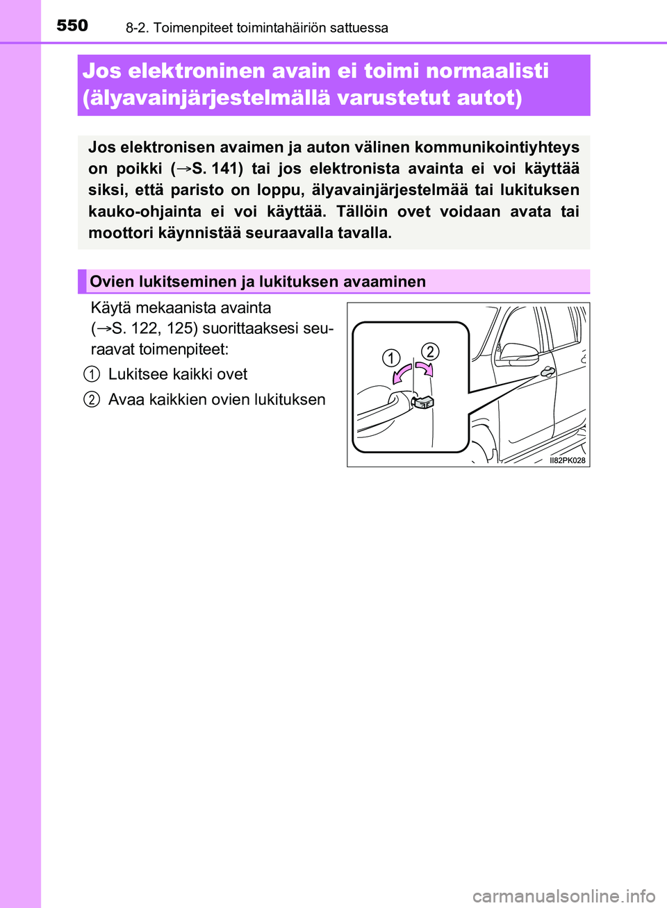 TOYOTA HILUX 2018 Omistajan Käsikirja (in Finnish) 5508-2. Toimenpiteet toimintahäiriön sattuessa
HILUX_OM_OM0K375FI_(EE)
Jos elektroninen avain ei toimi normaalisti
(älyavainjärjestelmällä varustetut autot)
Käytä mekaanista avainta
( S. TOYOTA HILUX 2018 Omistajan Käsikirja (in Finnish) 5508-2. Toimenpiteet toimintahäiriön sattuessa
HILUX_OM_OM0K375FI_(EE)
Jos elektroninen avain ei toimi normaalisti
(älyavainjärjestelmällä varustetut autot)
Käytä mekaanista avainta
( S.