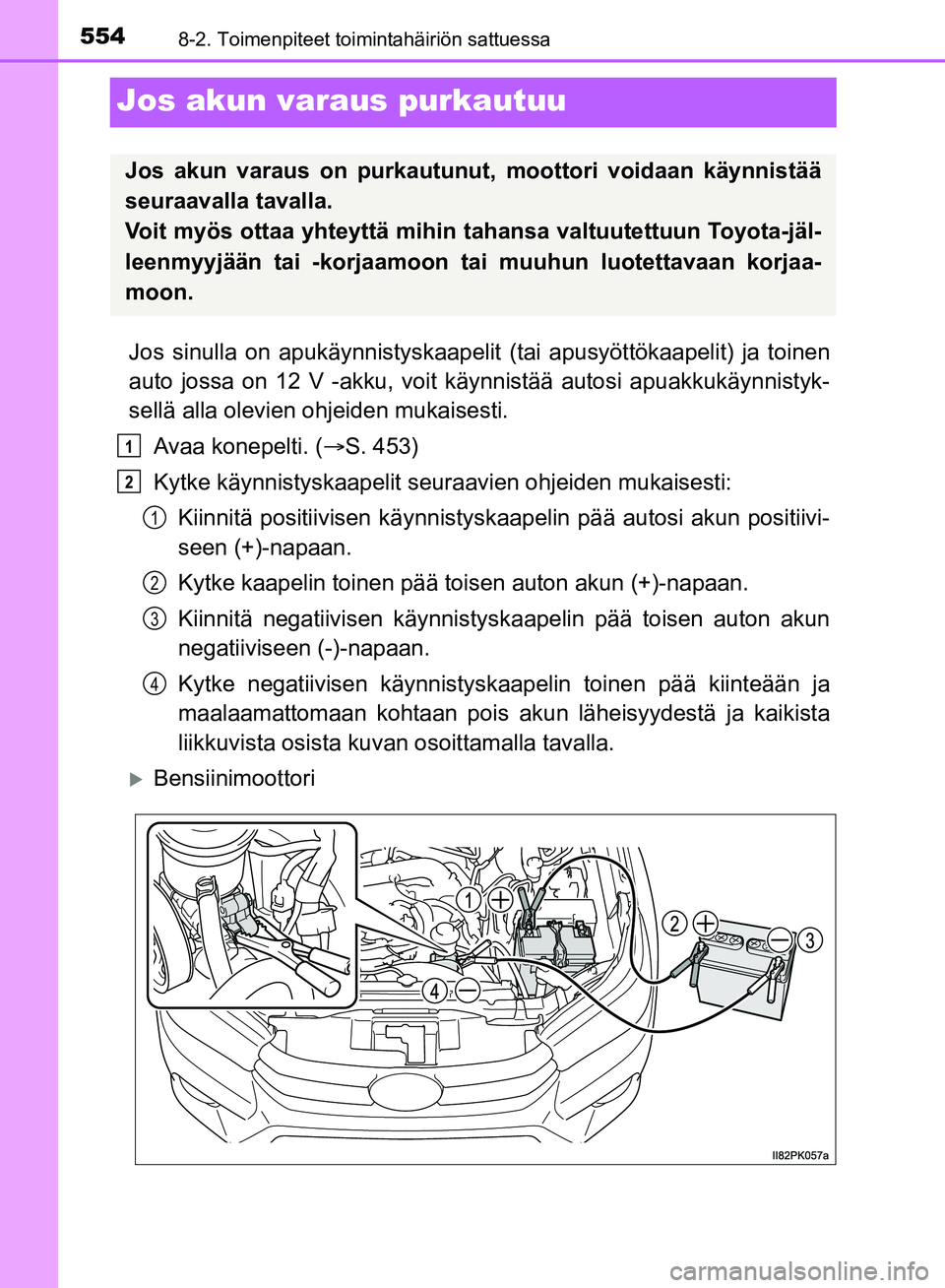 TOYOTA HILUX 2018 Omistajan Käsikirja (in Finnish) 5548-2. Toimenpiteet toimintahäiriön sattuessa
HILUX_OM_OM0K375FI_(EE)
Jos akun varaus purkautuu
Jos sinulla on apukäynnistyskaapelit (tai apusyöttökaapelit) ja toinen
auto jossa on 12 V -akku, v TOYOTA HILUX 2018 Omistajan Käsikirja (in Finnish) 5548-2. Toimenpiteet toimintahäiriön sattuessa
HILUX_OM_OM0K375FI_(EE)
Jos akun varaus purkautuu
Jos sinulla on apukäynnistyskaapelit (tai apusyöttökaapelit) ja toinen
auto jossa on 12 V -akku, v