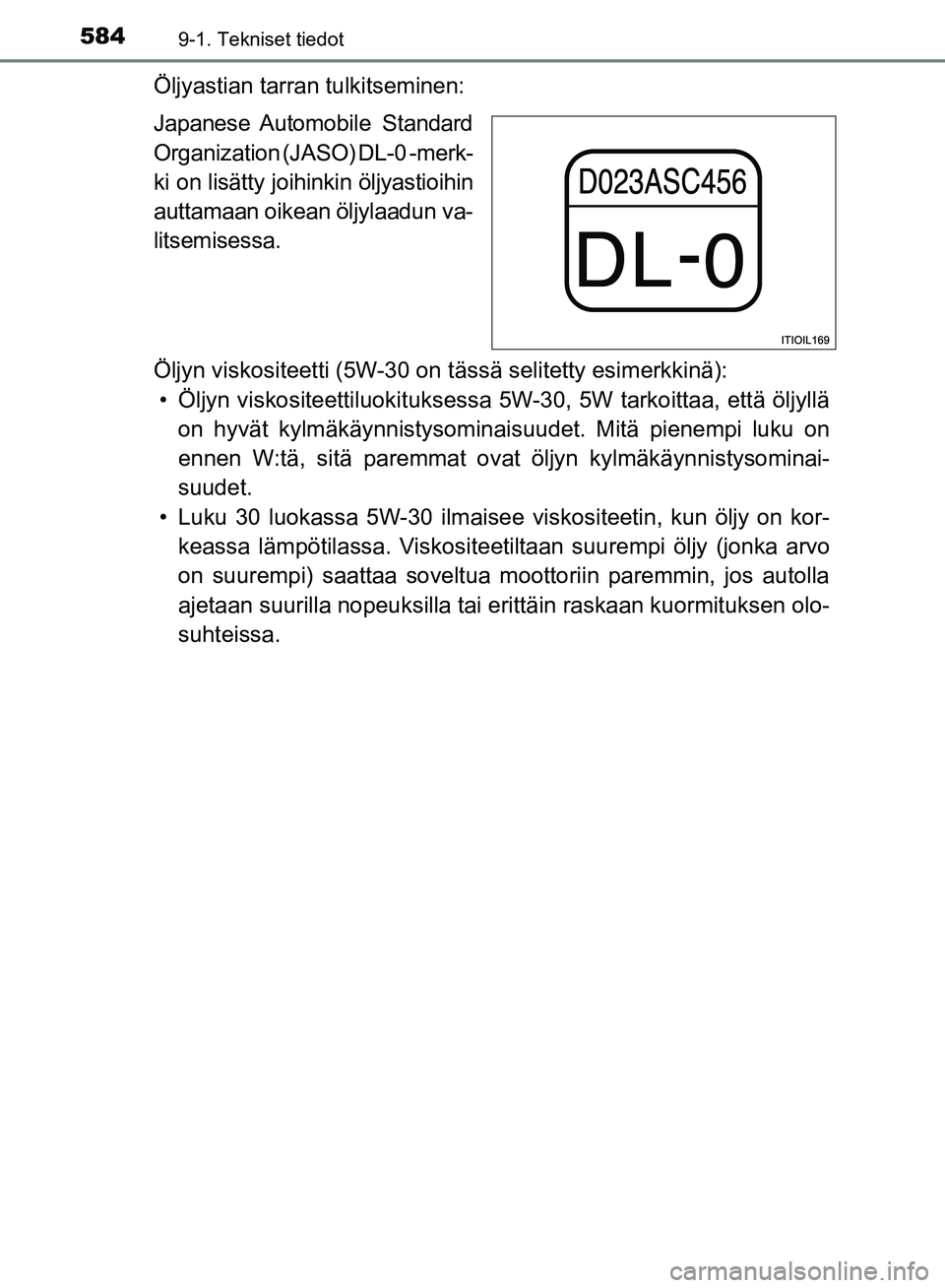 TOYOTA HILUX 2018 Omistajan Käsikirja (in Finnish) 5849-1. Tekniset tiedot
HILUX_OM_OM0K375FI_(EE)
Öljyastian tarran tulkitseminen:
Japanese Automobile Standard
Organization (JASO) DL-0 -merk-
ki on lisätty joihinkin öljyastioihin
auttamaan oikean TOYOTA HILUX 2018 Omistajan Käsikirja (in Finnish) 5849-1. Tekniset tiedot
HILUX_OM_OM0K375FI_(EE)
Öljyastian tarran tulkitseminen:
Japanese Automobile Standard
Organization (JASO) DL-0 -merk-
ki on lisätty joihinkin öljyastioihin
auttamaan oikean