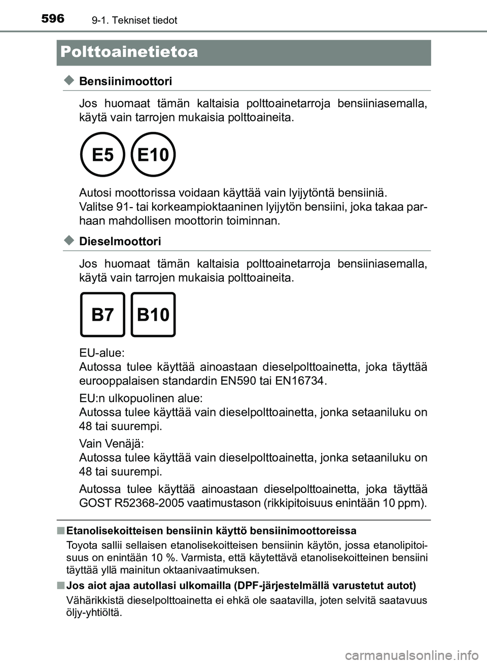 TOYOTA HILUX 2018 Omistajan Käsikirja (in Finnish) 5969-1. Tekniset tiedot
HILUX_OM_OM0K375FI_(EE)
Polttoainetietoa
uBensiinimoottori
Jos huomaat tämän kaltaisia polttoainetarroja bensiiniasemalla,
käytä vain tarrojen mukaisia polttoaineita.
Aut TOYOTA HILUX 2018 Omistajan Käsikirja (in Finnish) 5969-1. Tekniset tiedot
HILUX_OM_OM0K375FI_(EE)
Polttoainetietoa
uBensiinimoottori
Jos huomaat tämän kaltaisia polttoainetarroja bensiiniasemalla,
käytä vain tarrojen mukaisia polttoaineita.
Aut