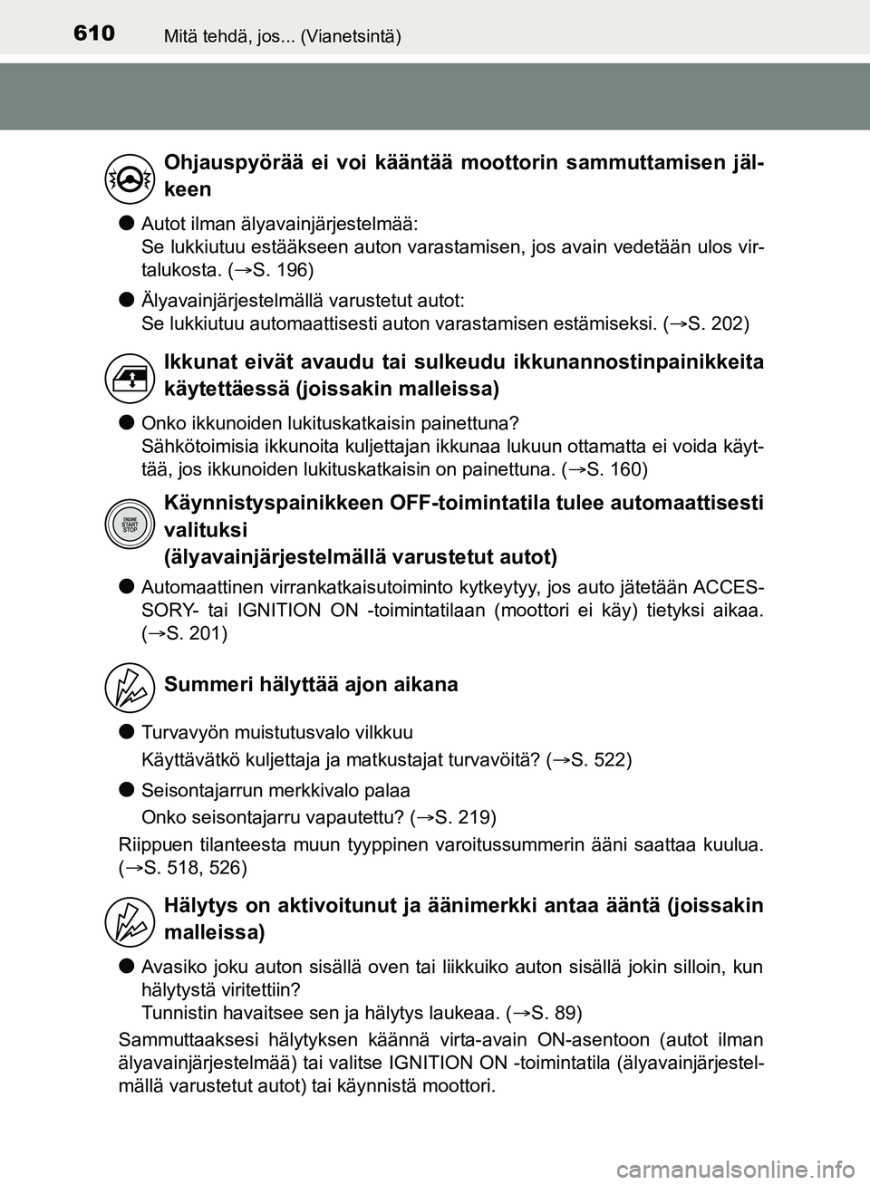 TOYOTA HILUX 2018  Omistajan Käsikirja (in Finnish) 610Mitä tehdä, jos... (Vianetsintä)
HILUX_OM_OM0K375FI_(EE)
lAutot ilman älyavainjärjestelmää:
Se lukkiutuu estääkseen auton varastamisen, jos avain vedetään ulos vir-
talukosta. (S. 196