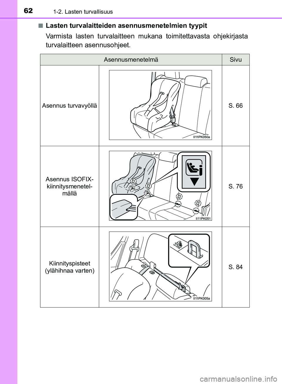 TOYOTA HILUX 2018  Omistajan Käsikirja (in Finnish) 621-2. Lasten turvallisuus
HILUX_OM_OM0K375FI_(EE)n
Lasten turvalaitteiden 
asennusmenetelmien tyypit
Varmista lasten turvalaitteen mukana toimitettavasta ohjekirjasta
turvalaitteen asennusohjeet.
Ase