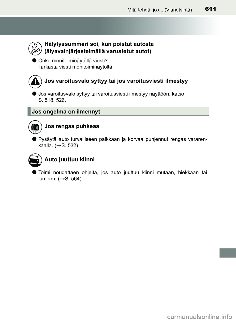 TOYOTA HILUX 2018  Omistajan Käsikirja (in Finnish) 611Mitä tehdä, jos... (Vianetsintä)
HILUX_OM_OM0K375FI_(EE)
lOnko monitoiminäytöllä viesti?
Tarkasta viesti monitoiminäytöltä.
lJos varoitusvalo syttyy tai varoitusviesti ilmestyy näyttöön